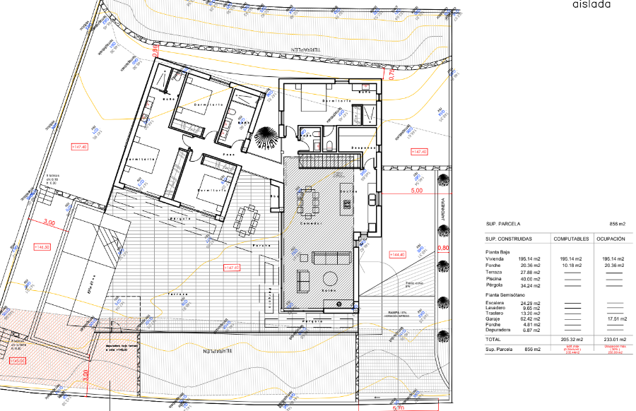 Gedetailleerde architecturale plattegrond van de begane grond met slaapkamers, open woon-eetkamer, keuken en het buitenterras met zwembad.