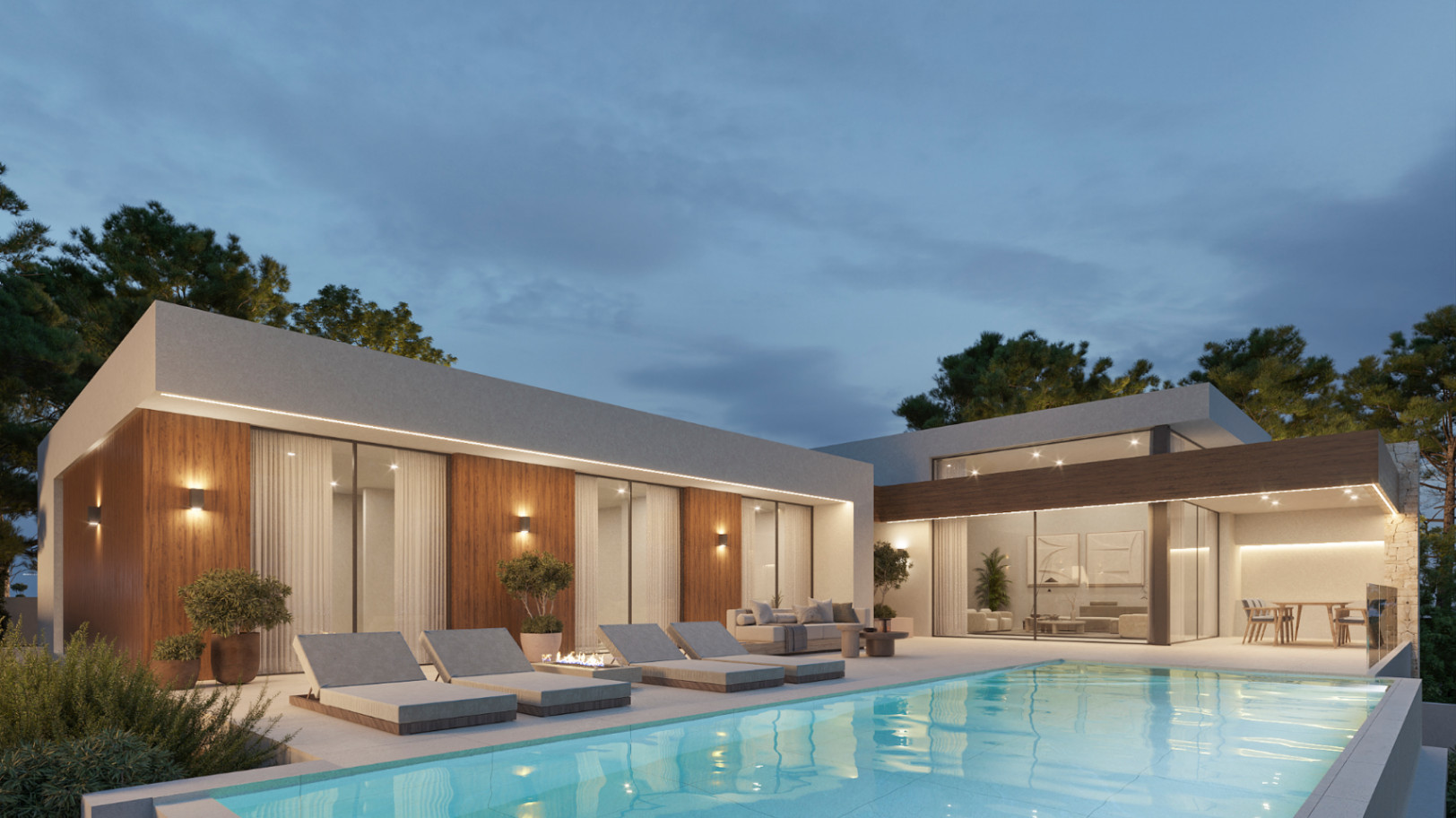 Avondzicht op een moderne villa met zwembad, houten gevelpanelen en grote glazen schuifdeuren die toegang bieden tot het terras.