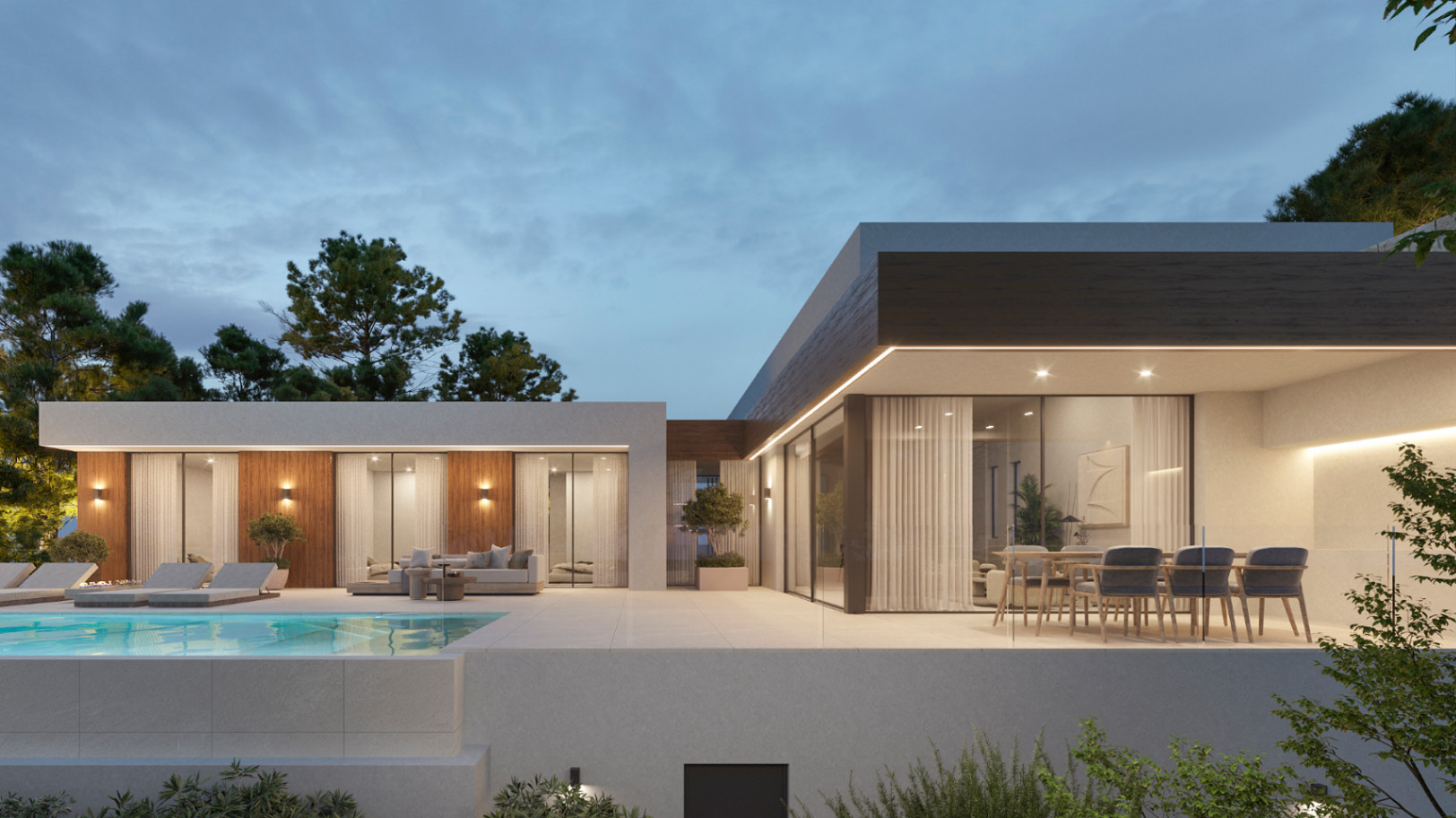 Exterieur van een moderne villa met een ruim terras, eethoek onder de overstek en geïntegreerde ledverlichting bij zonsondergang.