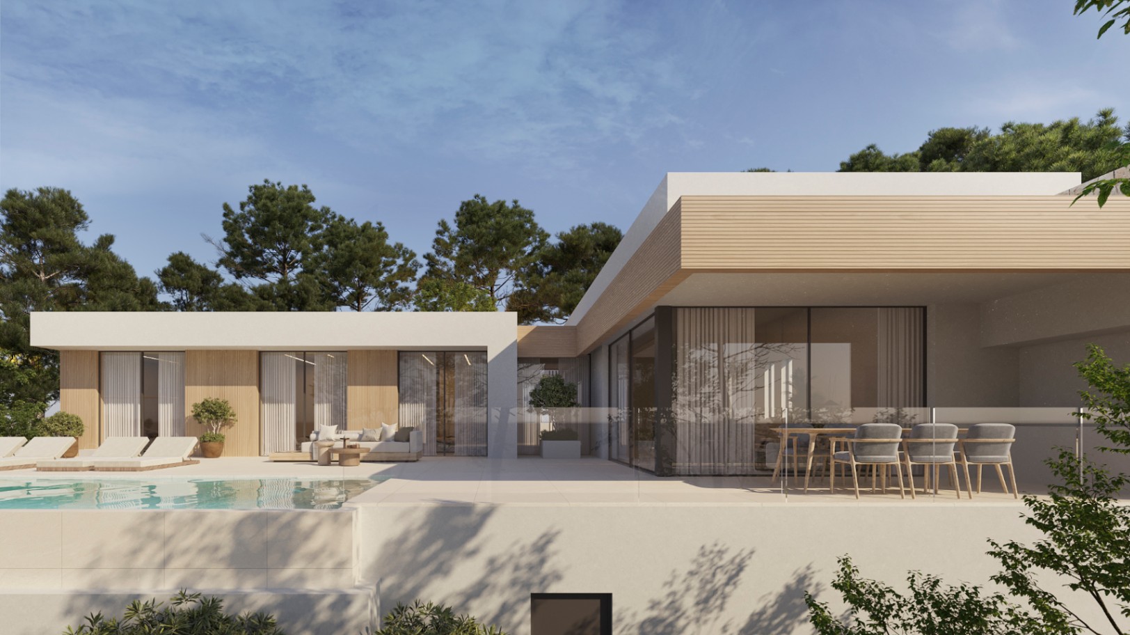 Moderne villa met houten gevelaccenten, ruim terras met buiten-eethoek, loungegedeelte en overloopzwembad omgeven door mediterrane pijnbomen.