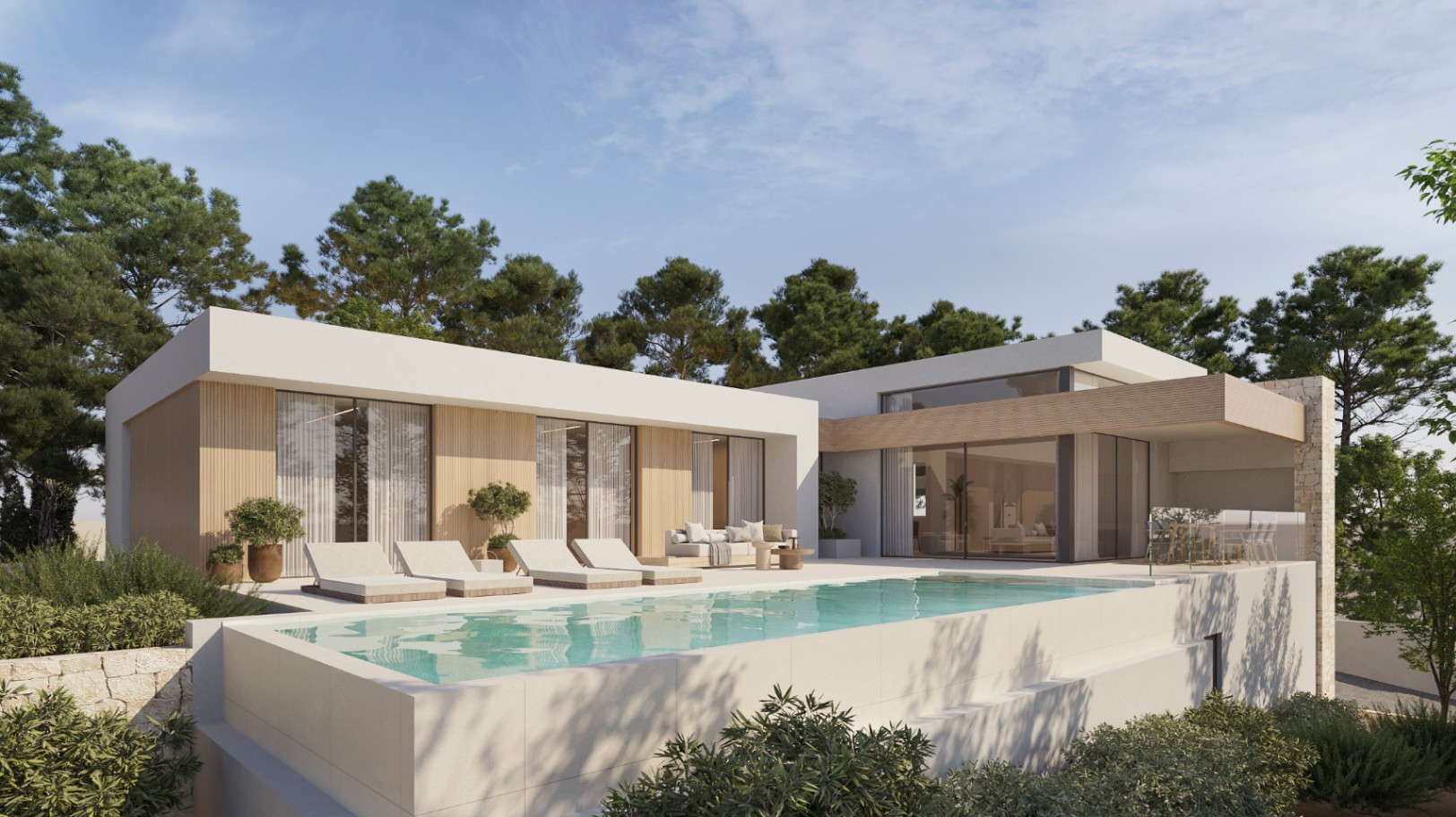 Moderne villa met overloopzwembad, houten gevelaccenten en grote glaspartijen. Het ruime terras heeft een zonnedek en loungehoek tussen de pijnbomen.