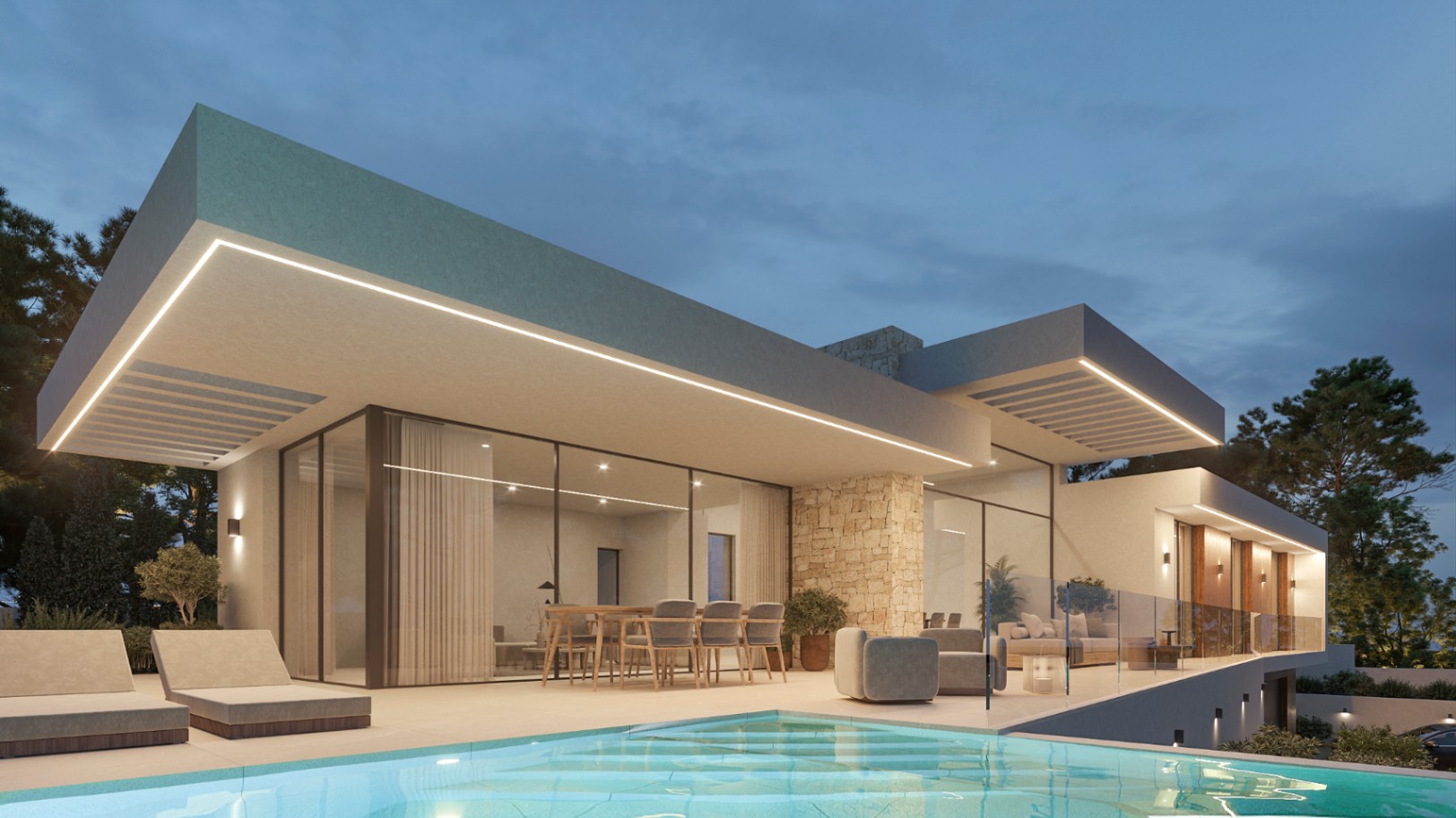 Avondzicht op een moderne villa met overloopzwembad, ruim terras met glazen balustrades en strakke, geïntegreerde LED-verlichting.