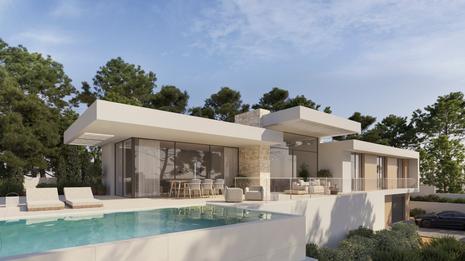 Exterieur van de moderne villa met overloopzwembad, terras met glazen balustrades en natuurstenen geveldetails omgeven door pijnbomen.
