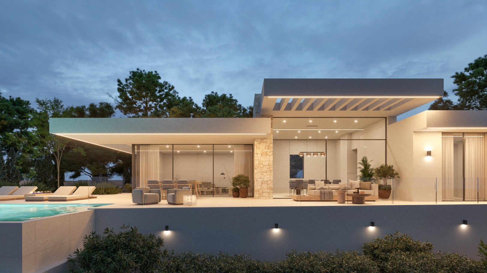 Moderne villa bij schemering met uitkragende daken, geïntegreerde LED-verlichting en grote glaspartijen die uitkomen op het terras met zwembad.