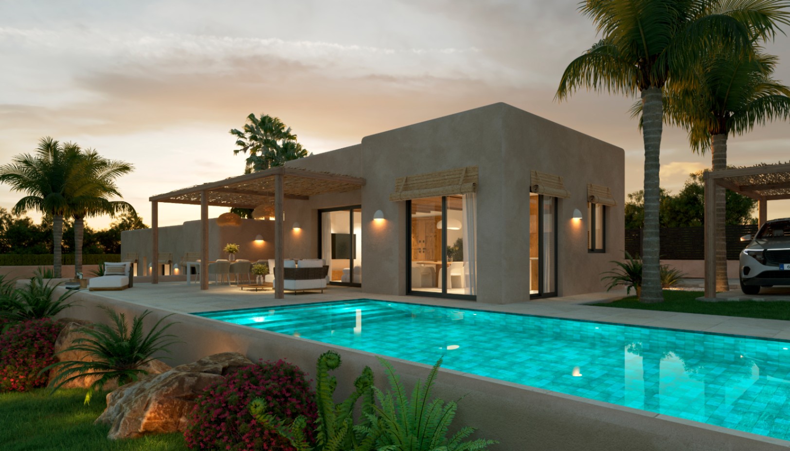 Exterieur bij schemering met verlicht zwembad, terras met natuurlijke pergola en een minimalistische mediterrane gevel voorzien van sfeervolle wandverlichting.