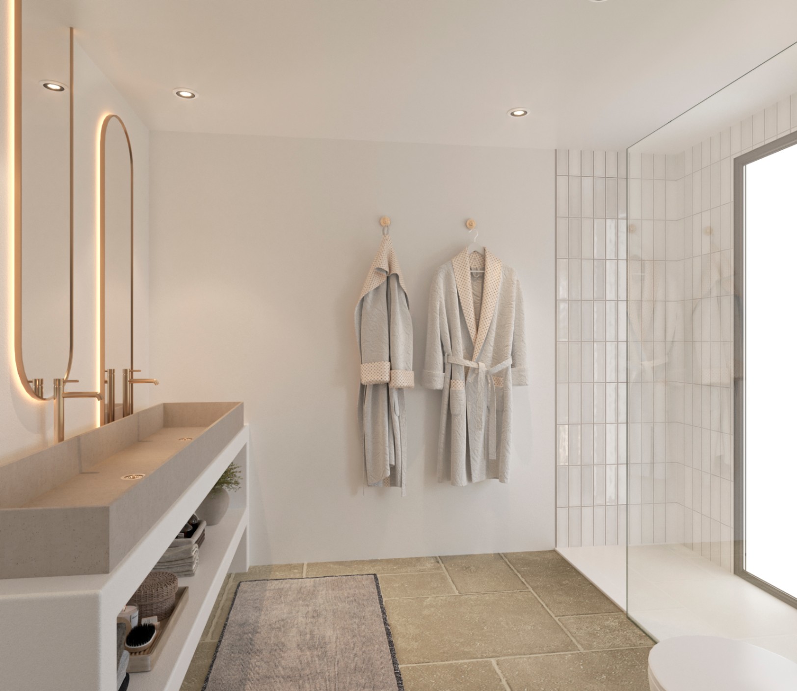 Moderne badkamer met dubbele stenen wastafel, gouden kranen en verlichte spiegels. Voorzien van een inloopdouche met verticale tegels en een stenen vloer.