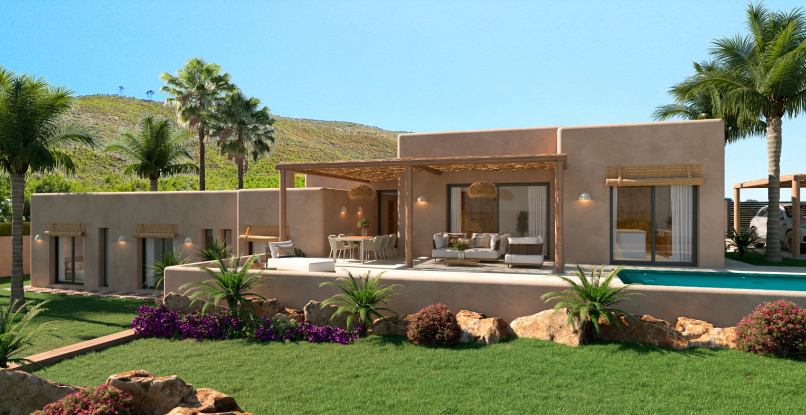 Villa in aardetinten met een ruim terras onder een houten pergola, buitenlounge en privézwembad in een aangelegde tuin met uitzicht op de omliggende bergen.