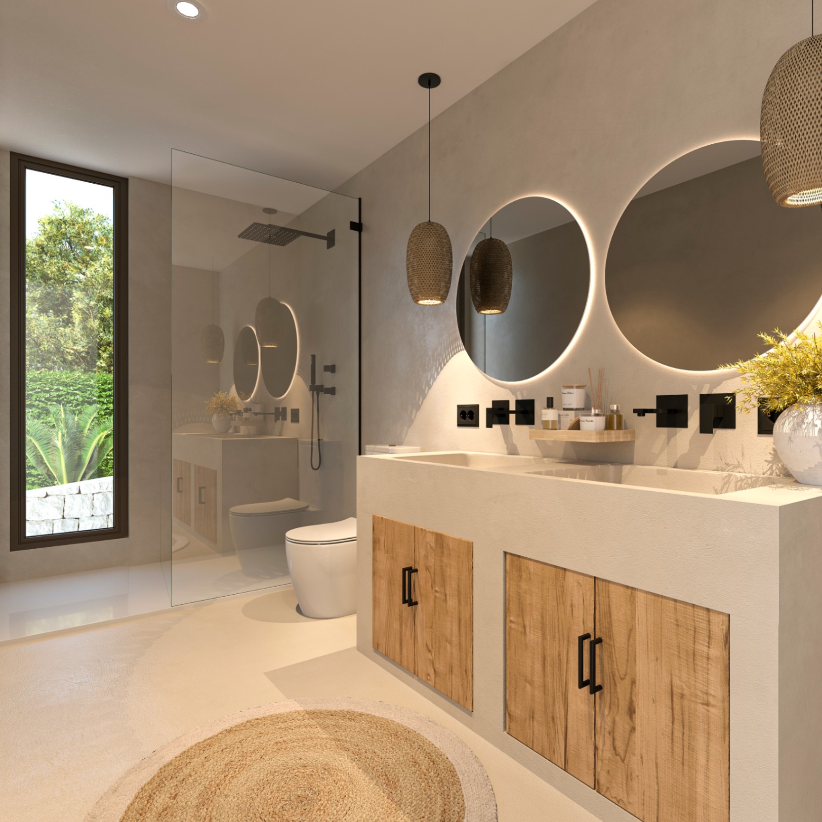 Badkamer in Ibiza-stijl met dubbele wastafel van microcement, verlichte ronde spiegels, zwart sanitair en een inloopdouche met uitzicht op de omliggende tuin.