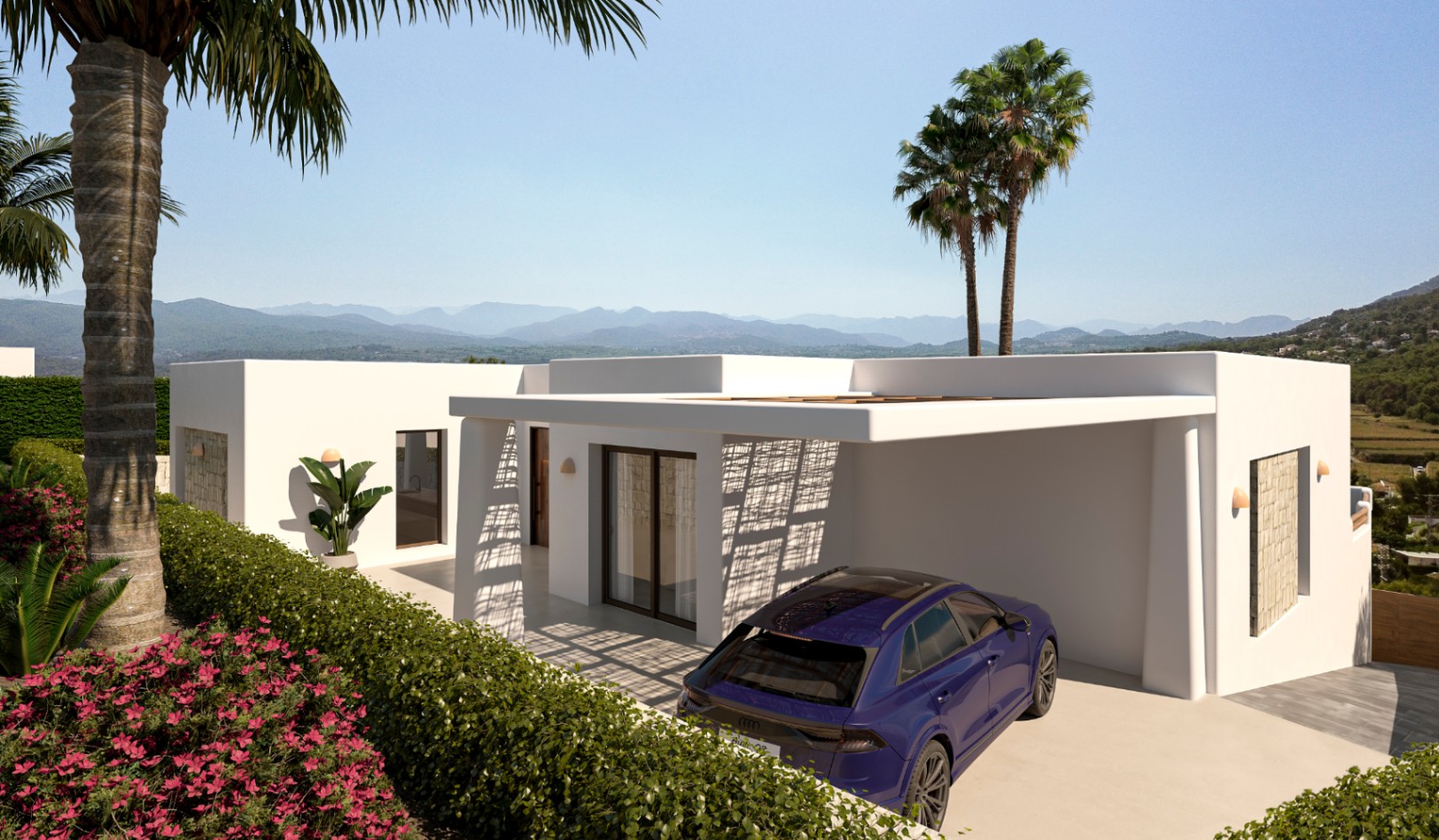 Externe weergave van de villa met overdekte parkeerplaats, witte architectuur in Ibiza-stijl en weids uitzicht op de bergen van Jávea.
