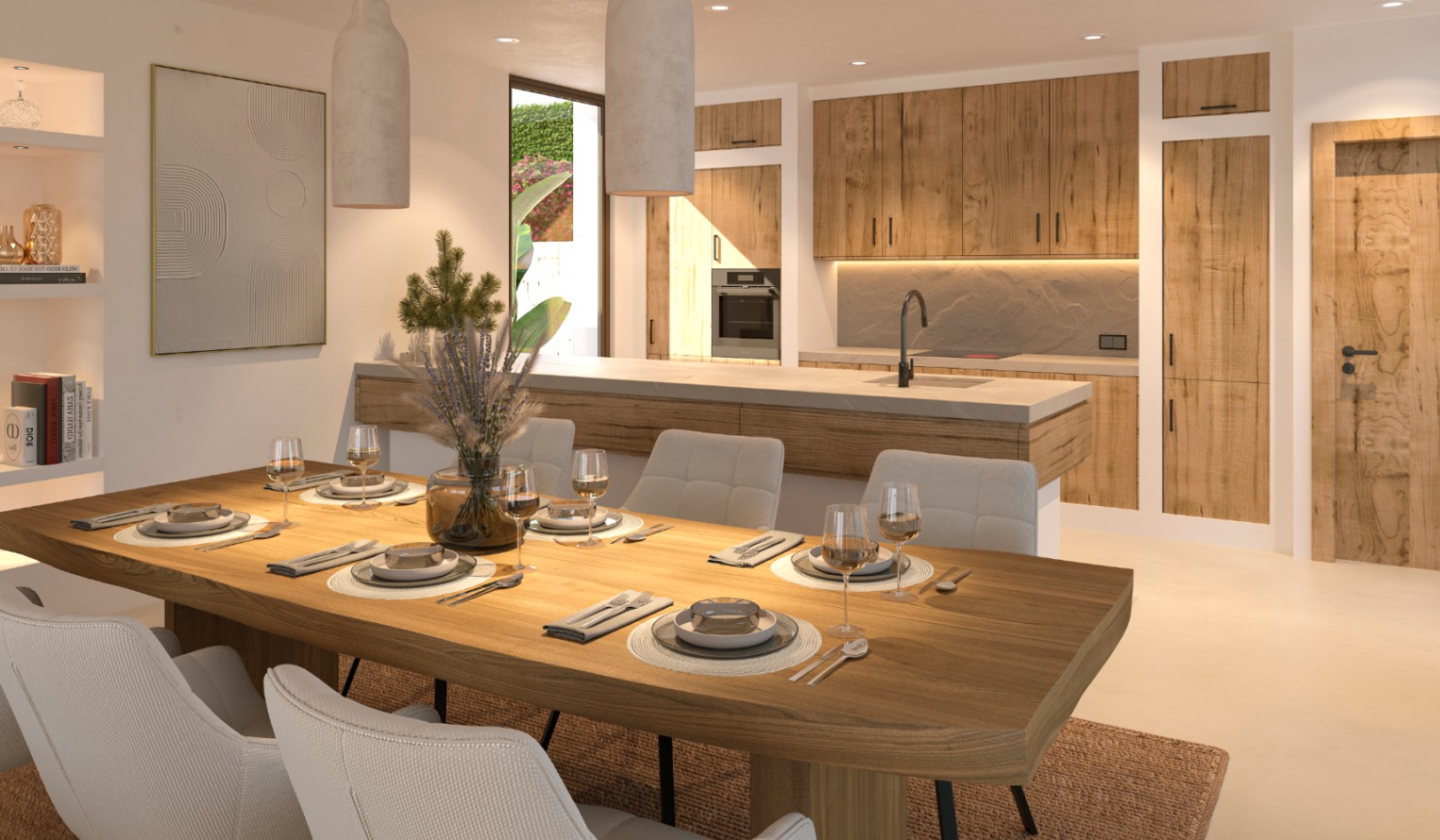 Open eetkamer en keuken met natuurlijk houten kasten, een kookeiland met licht werkblad en subtiele geïntegreerde verlichting.