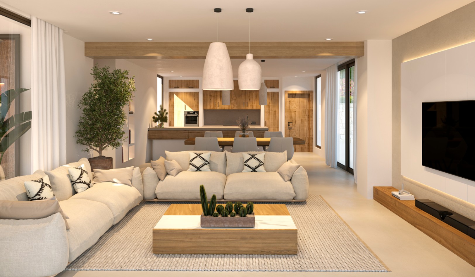 Open woonkamer in Ibizastijl met houten plafondbalken, geïntegreerde tv-wand en een directe verbinding met de eetkamer en houten keuken.