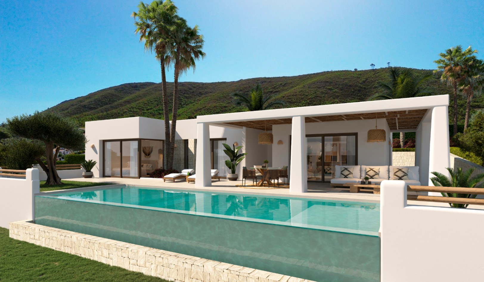 Villa in Ibiza-stijl met een overloopzwembad met glazen wand, overdekt terras met houten plafond en panoramisch uitzicht op de bergen.