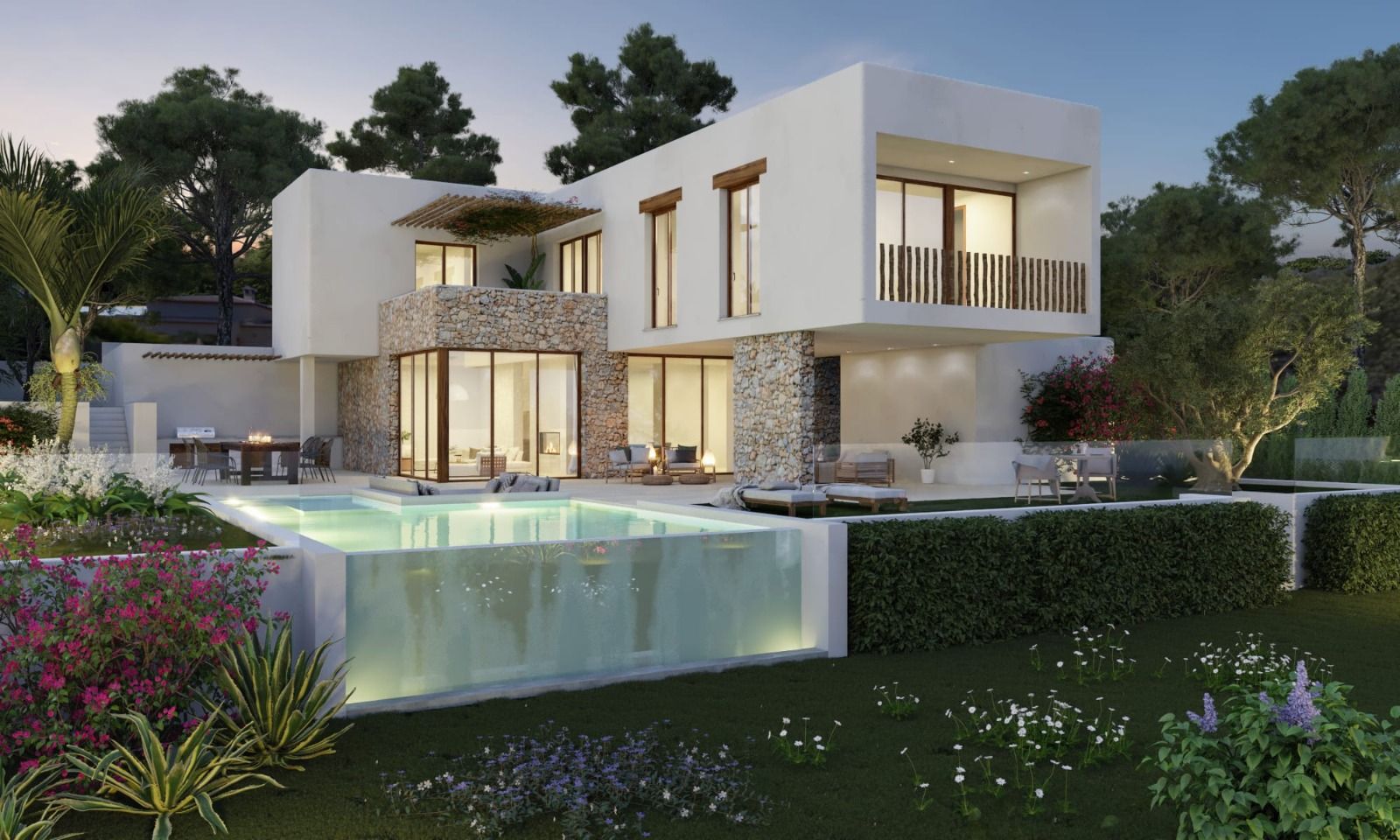 Exterieur van de villa met witte gevels, natuurstenen accenten en een overloopzwembad met glazen wand, omgeven door een aangelegde mediterrane tuin.