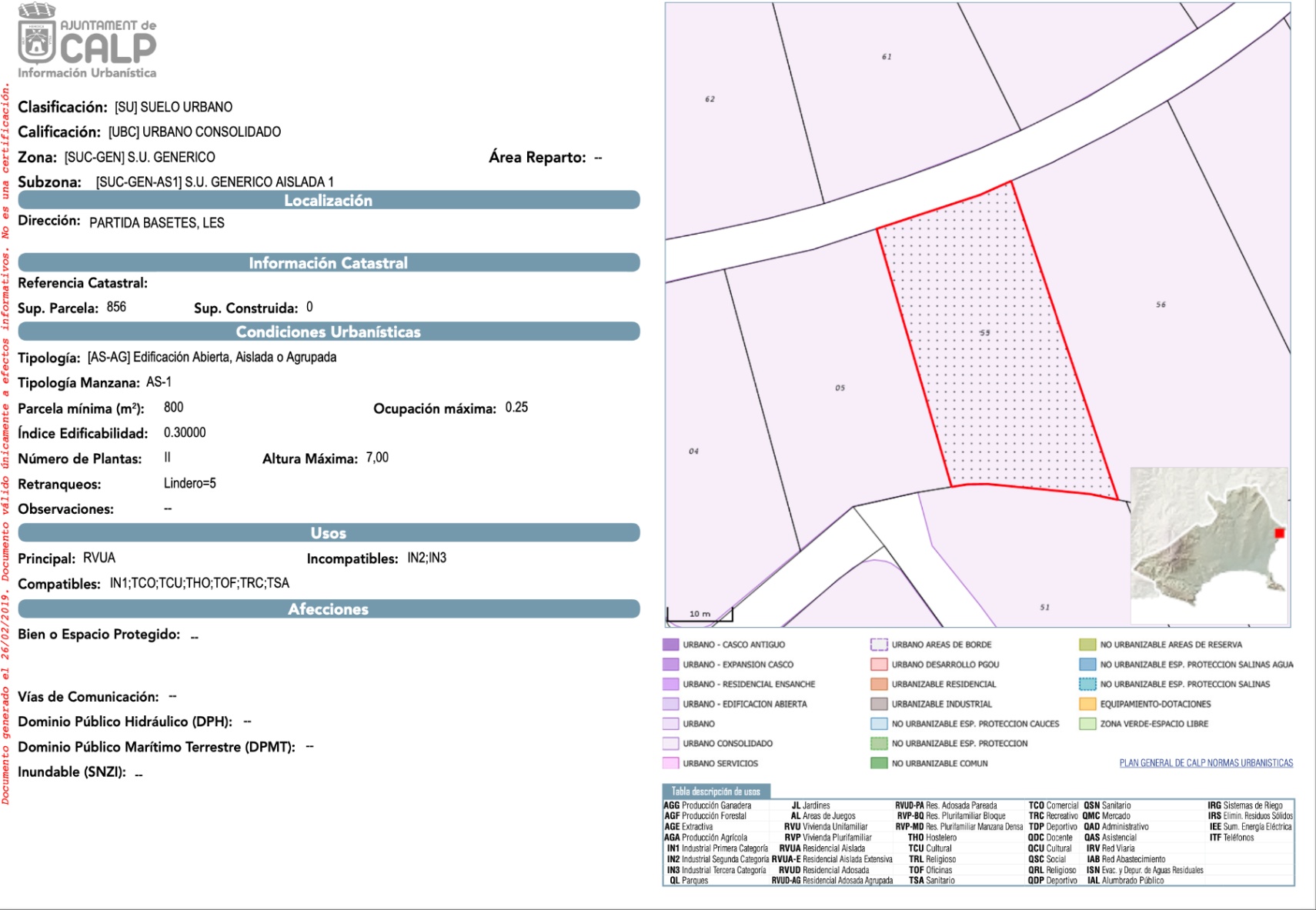 Officieel stedenbouwkundig document van het perceel in Bassetes, Calpe, met details over de 856 m² oppervlakte, bebouwingsindex van 0,30 en bouwvoorschriften.