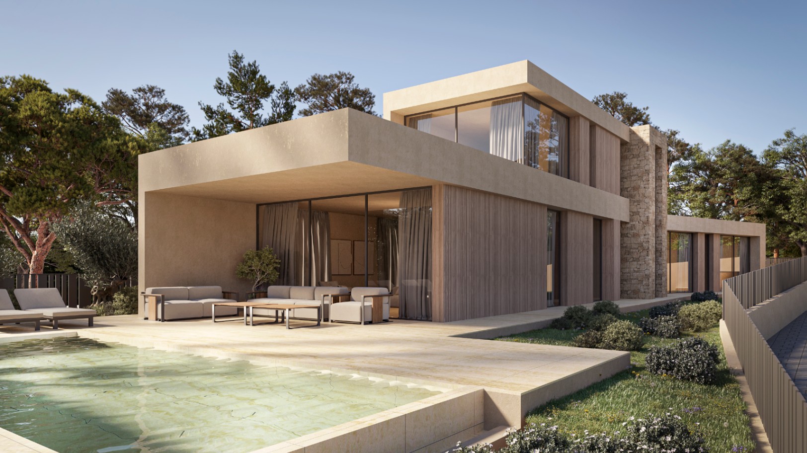 Moderne villa in Ibizastijl met natuurstenen muren, houten panelen en een ruim terras met een geïntegreerd zwembad en een schaduwrijke loungehoek.