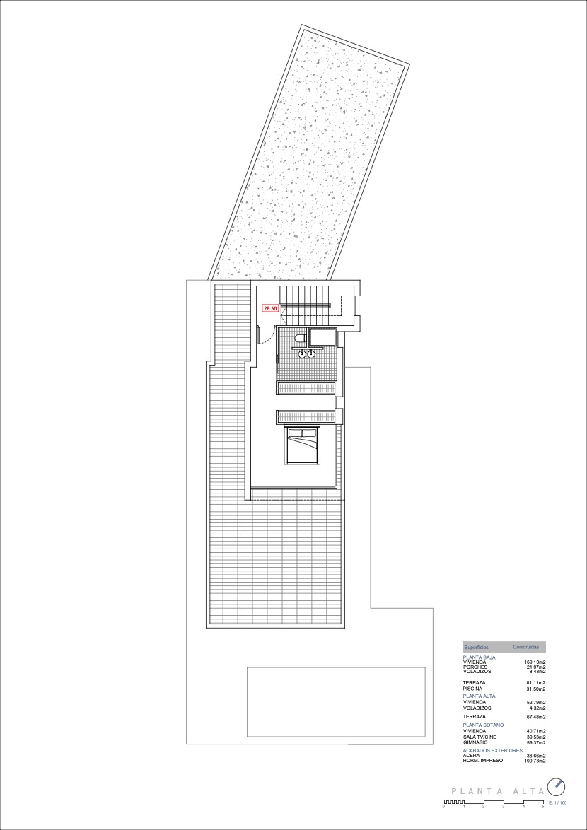 Technische plattegrond van de bovenverdieping met een slaapkamer, en-suite badkamer, trapopgang en een ruim opgezet dakterras.