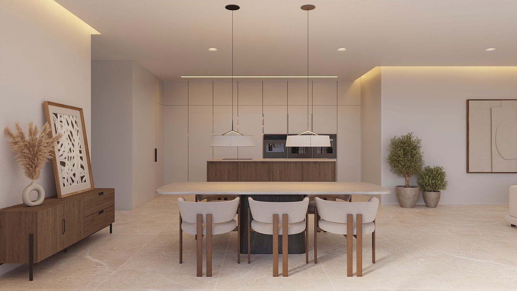 Open eetruimte met een stenen tafel en designstoelen, aansluitend op een minimalistische keuken met houten eiland en warme indirecte verlichting.