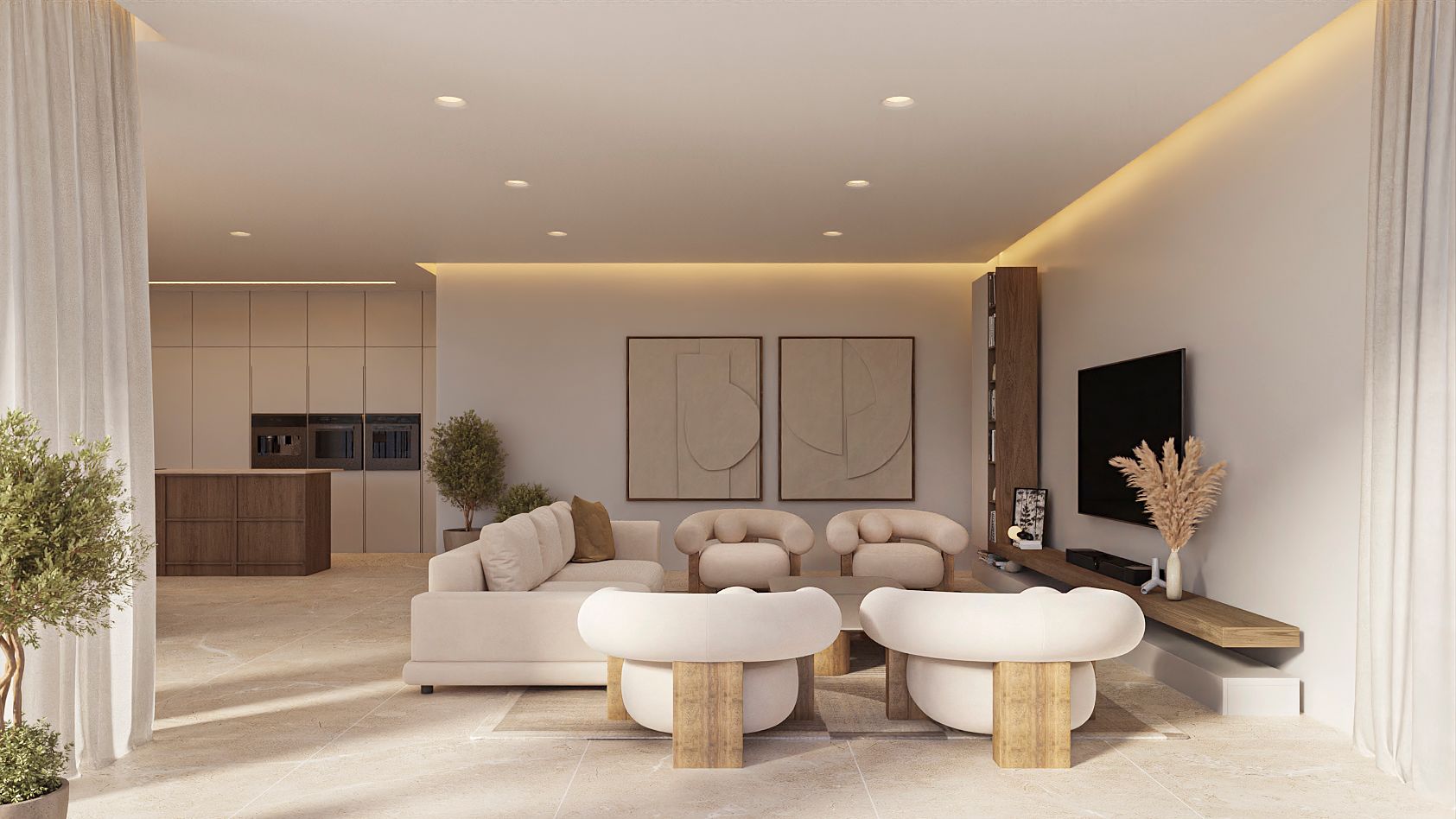 Open woonkamer met design fauteuils in neutrale tinten, indirecte verlichting en natuurstenen vloeren die naadloos overgaan in de minimalistische keuken.