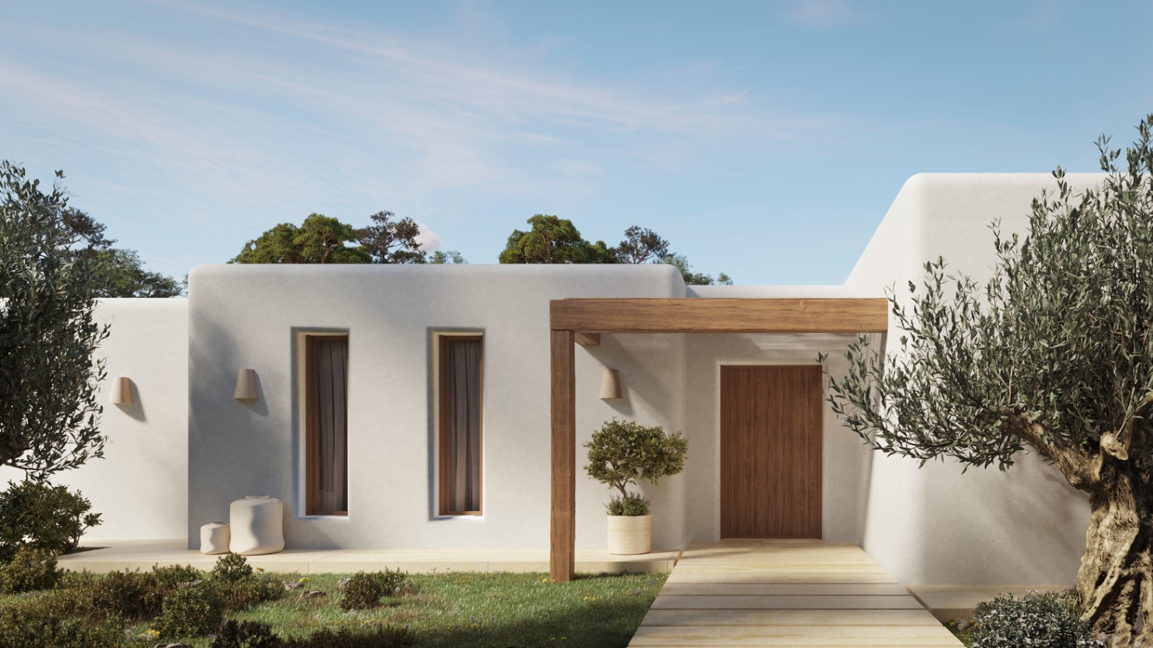 Entree in Ibiza-stijl met witgepleisterde muren, natuurlijke houten balken en een houten voordeur, omgeven door een mediterrane tuin met olijfbomen.