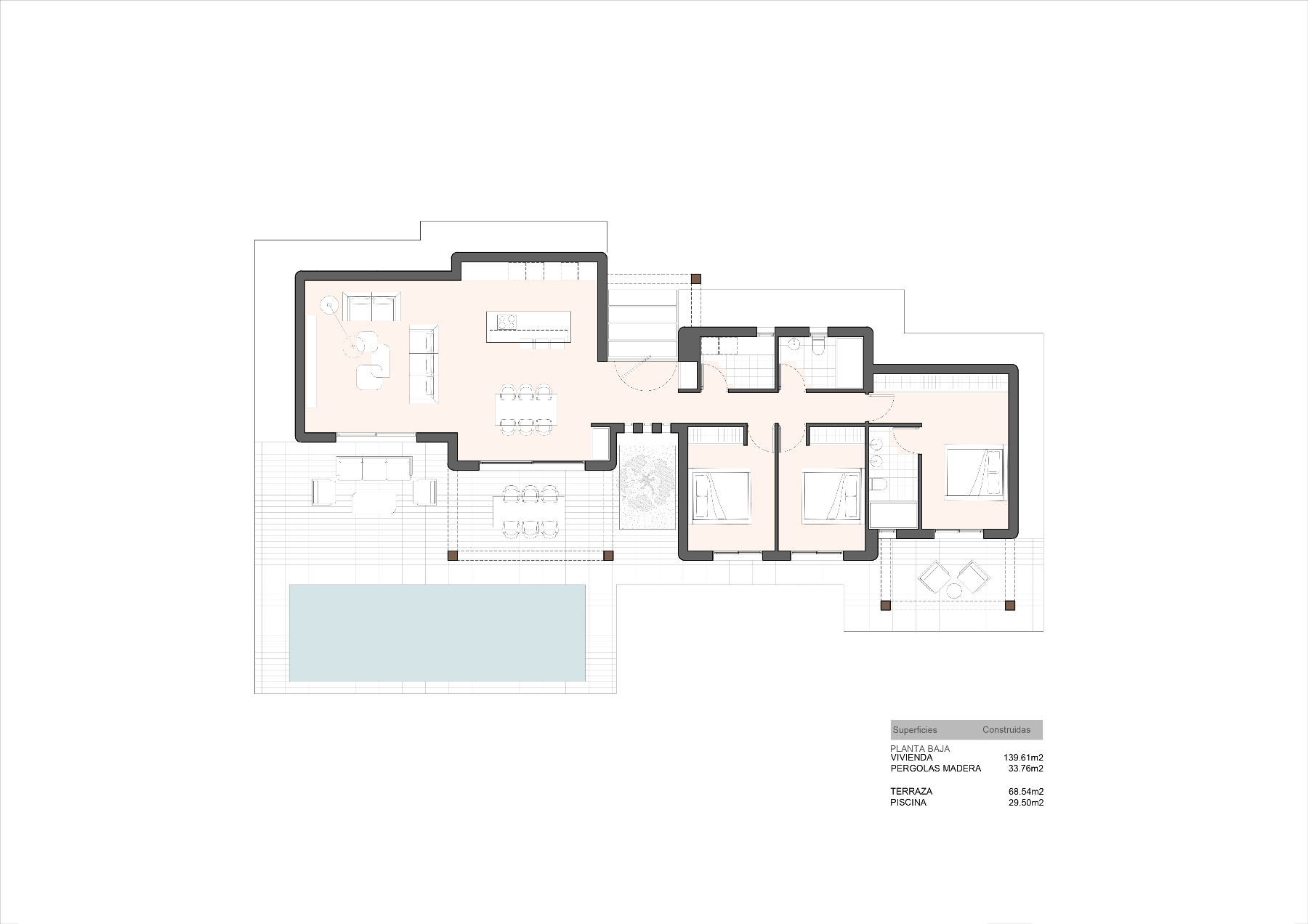 Gedetailleerde plattegrond van de begane grond met de indeling van drie slaapkamers, open woonruimte en terras met privézwembad van 29 m².