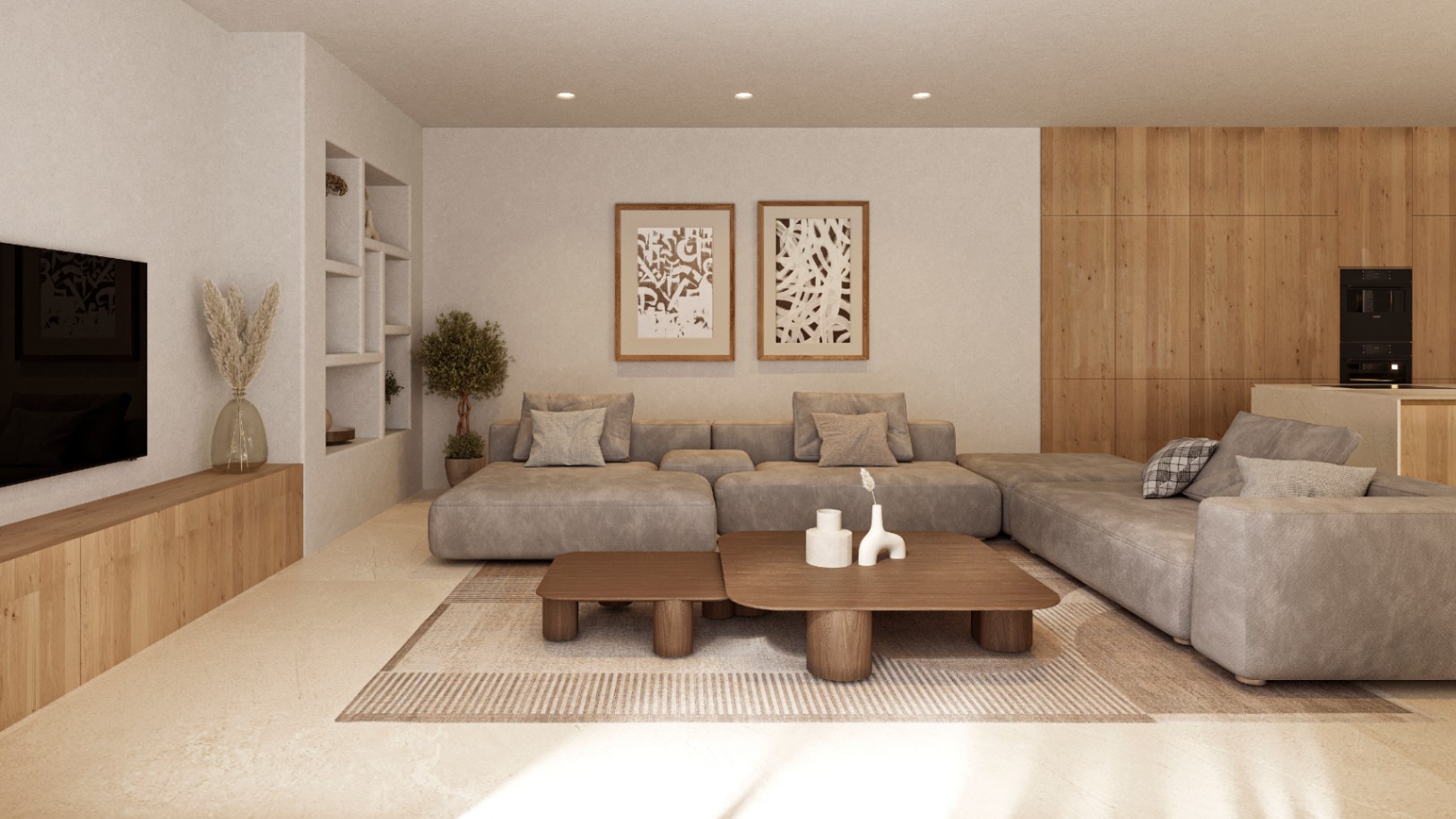 Open woonkamer met grijze modulaire bank, eikenhouten salontafels en geïntegreerde wandplanken. Natuurlijke houten panelen verbinden de zithoek met de keuken.
