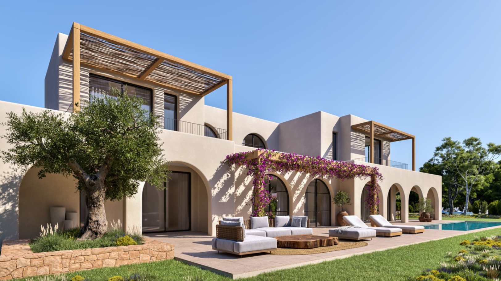 Exterieur van de villa met bogen, houten pergola's en bougainville. Voorzien van een loungehoek, olijfboom en tuin met zwembad.