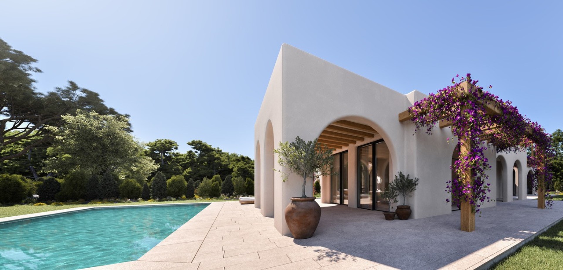 Exterieur van de villa met gewelfde naya, houten balken en pergola met bougainville naast het turquoise zwembad en de mediterrane tuin.