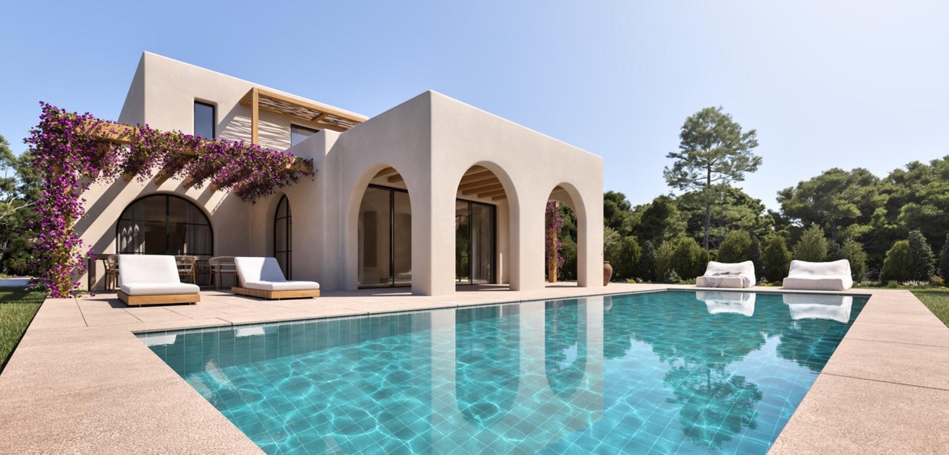 Exterieur van luxe villa met turquoise zwembad, mediterrane naya met bogen en houten pergola's met paarse bougainvillea.