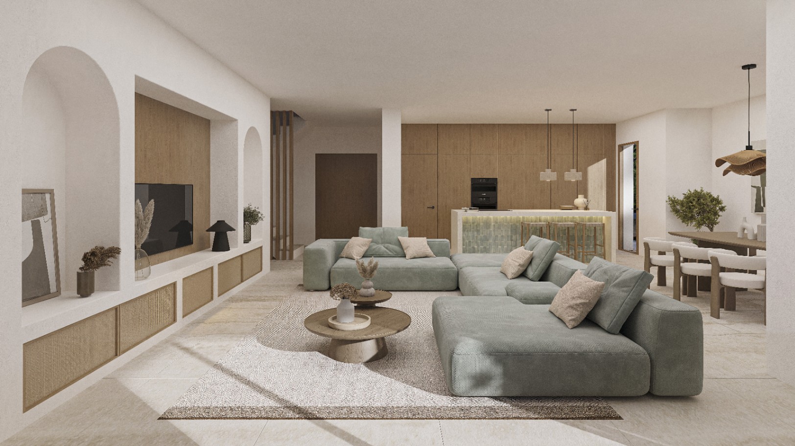 Lichte woonkamer met groene modulaire bank en houten details, die keuken en eetgedeelte integreert.