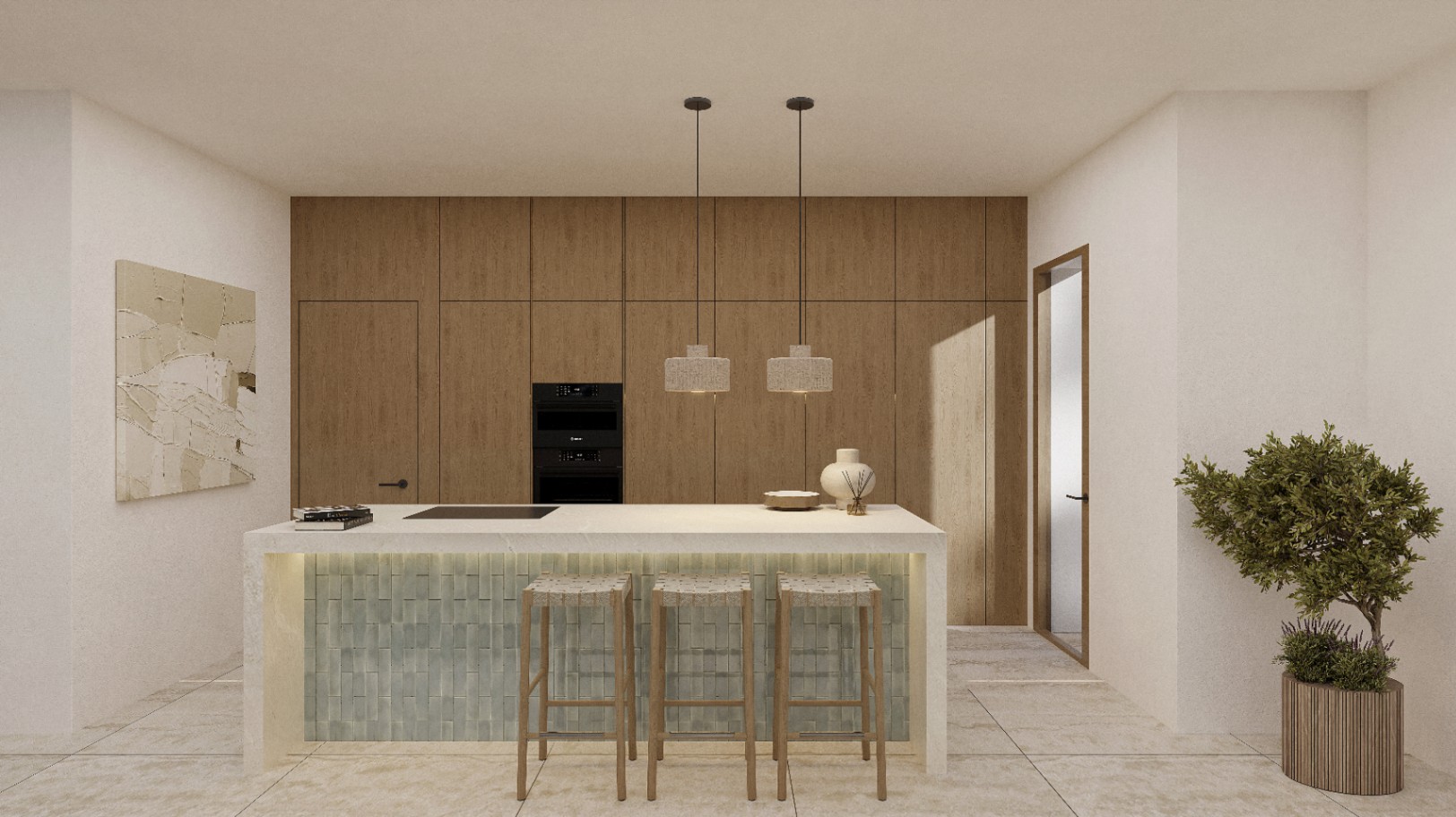 Moderne keuken met centraal eiland bekleed met tegels en lichte houten krukken.