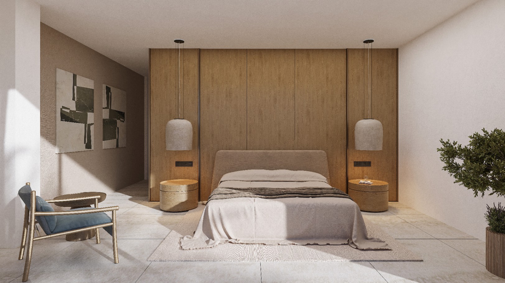 Slaapkamer met houten wandpanelen en hanglampen. Tweepersoonsbed met neutrale bedden en cilindervormige nachtkastjes.