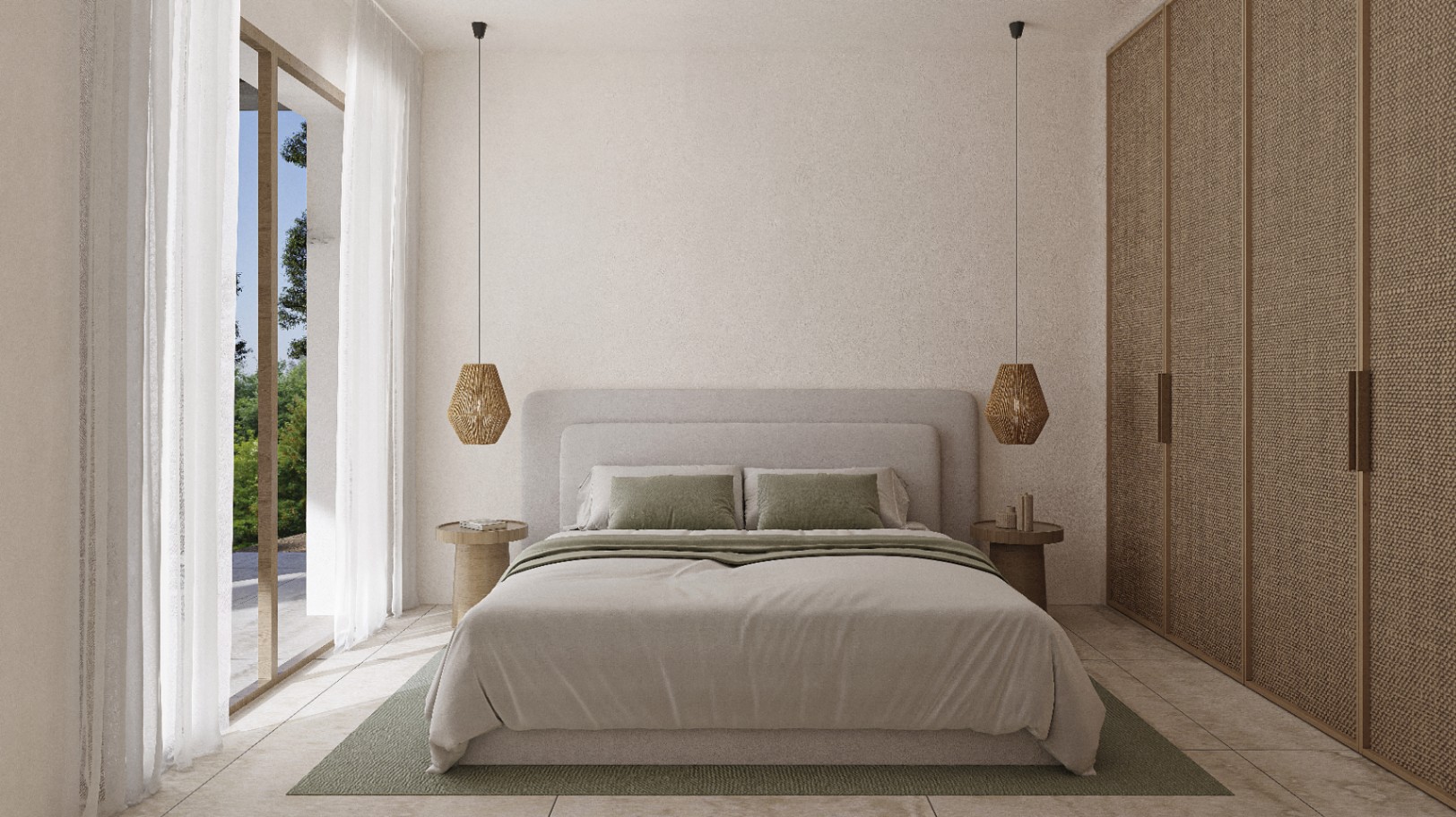 Slaapkamer met tweepersoonsbed, hanglampen van wicker en een kledingkast met geweven textuurdeuren.