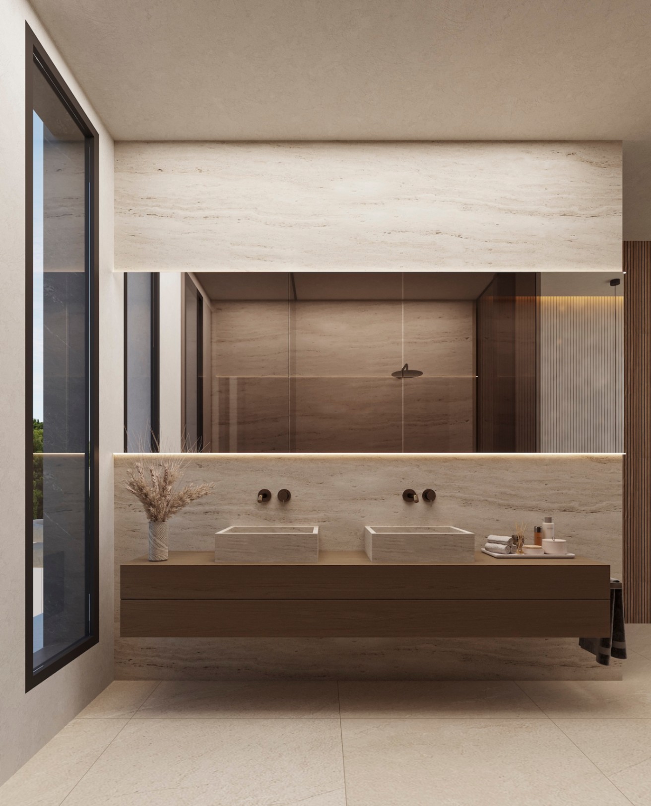 Design badkamer met dubbele stenen wastafel op een zwevend houten meubel, natuurstenen wanden en een grote verlichte spiegel. Voorzien van zwarte inbouwkranen en een hoog verticaal raam.