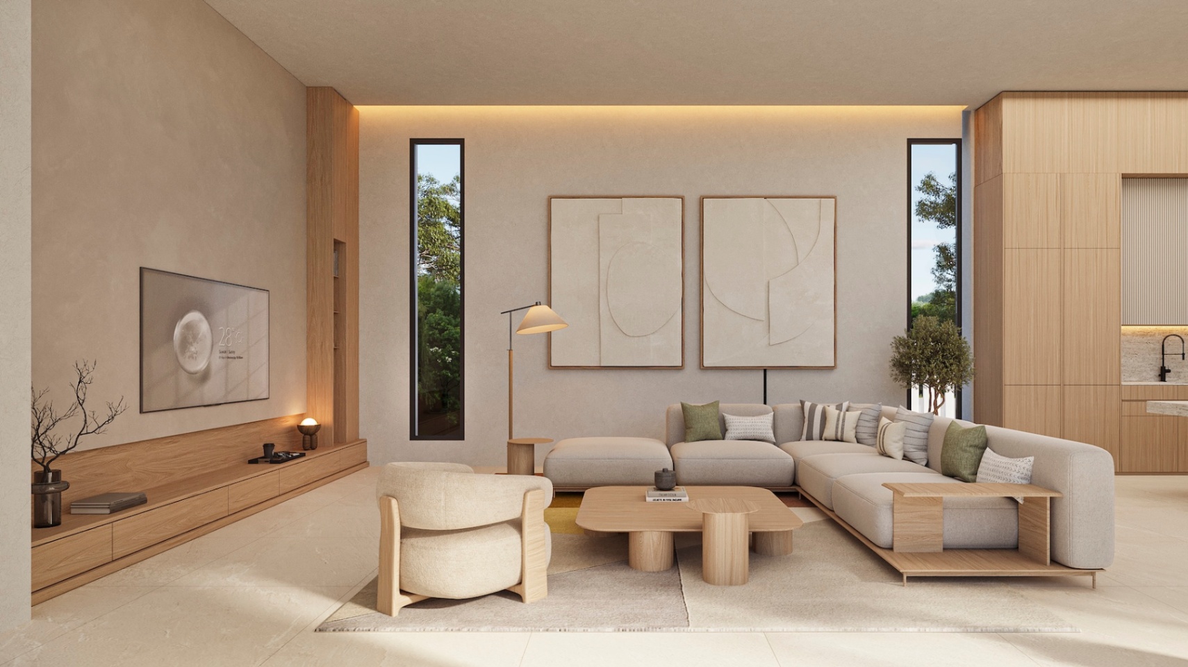 Eigentijdse woonkamer met op maat gemaakte eikenhouten kasten, neutrale stoffering en indirecte LED-verlichting die de wandtexturen accentueert.