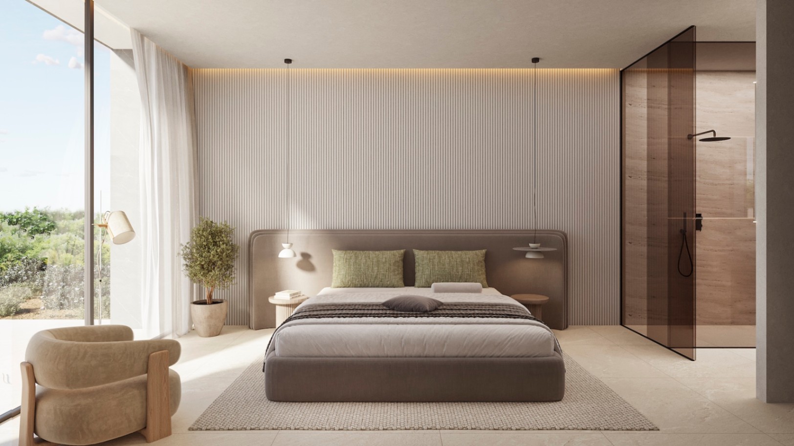 Hoofdslaapkamer met een verticale lattenwand, indirecte LED-verlichting en een geïntegreerde badkamer met rookglazen douchewand en natuurstenen tegels.