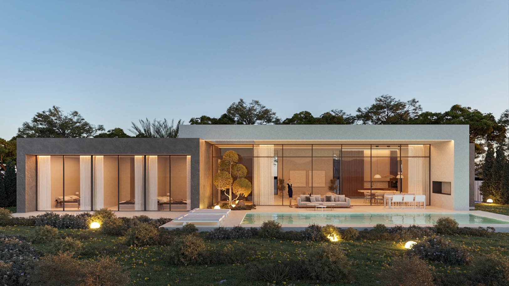 Moderne villa met kamerhoge glaspartijen, een zwembad van 52 m² en een verlichte tuin. De architectuur combineert grijze steentexturen met wit stucwerk en warme LED-strips.