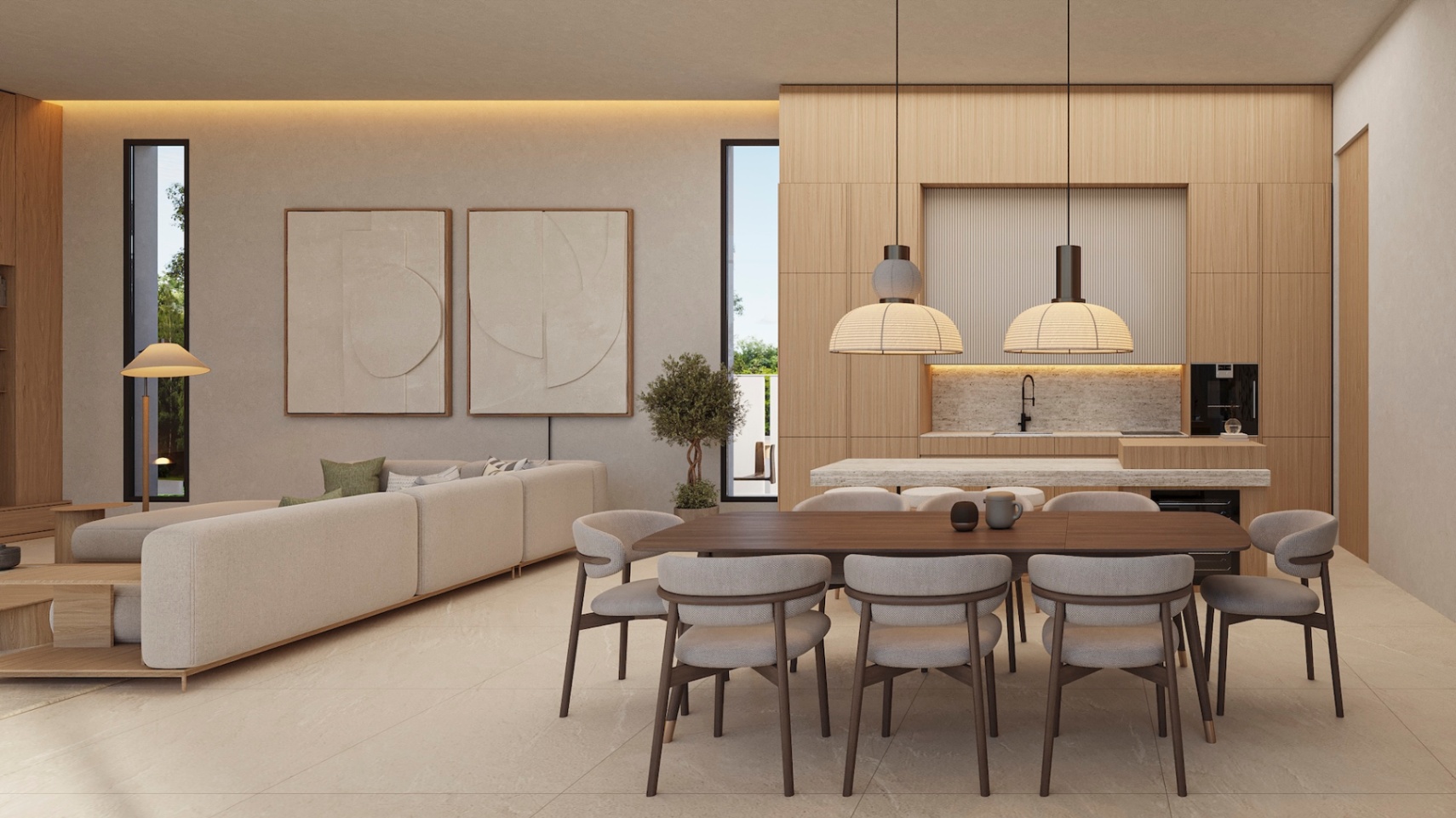 Open eetkamer met een donkerhouten tafel en gestoffeerde stoelen, grenzend aan een minimalistische keuken met eikenhouten kasten en kookeiland.