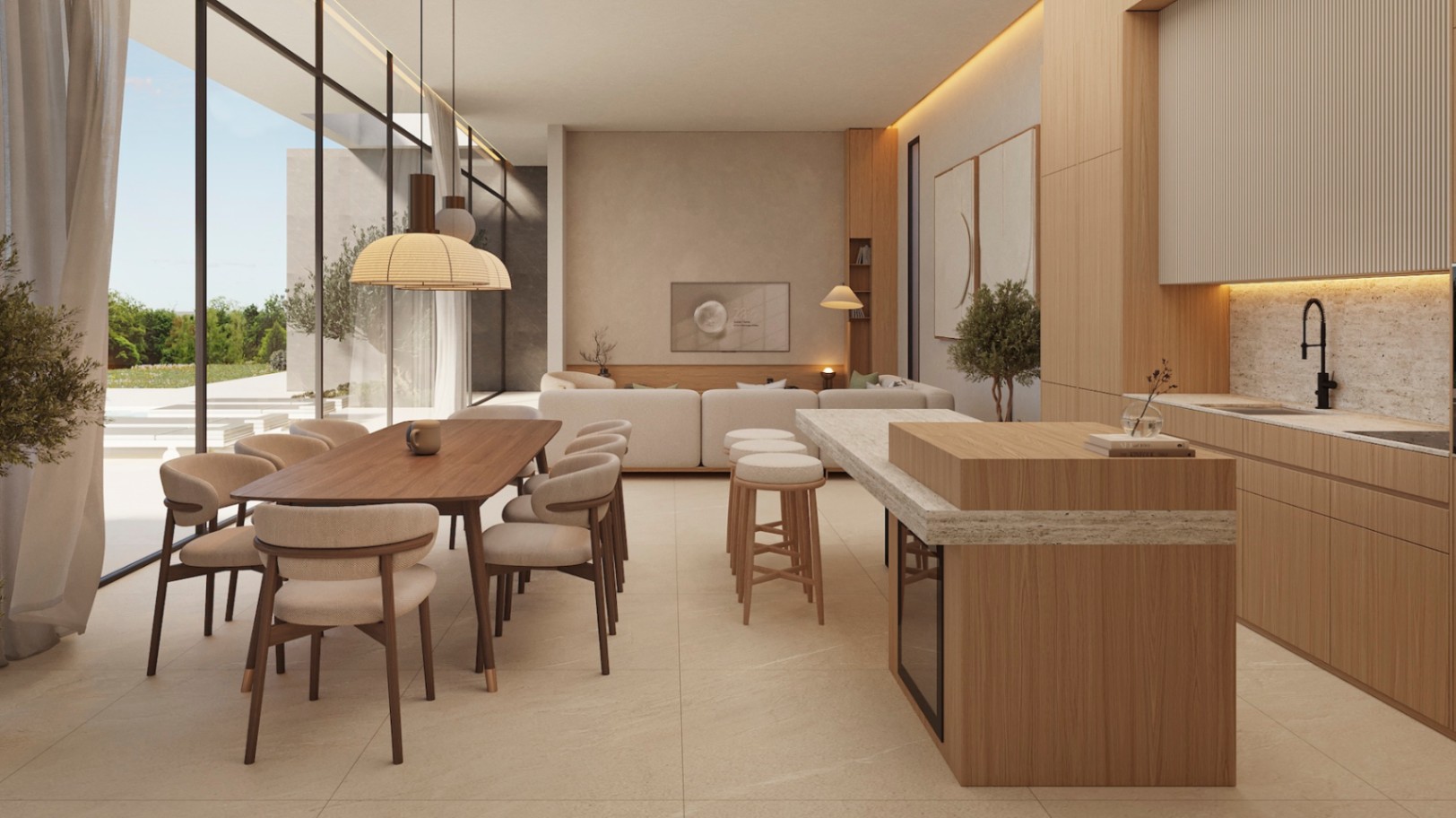 Open woonruimte met een houten designkeuken, natuurstenen werkbladen en kamerhoge raampartijen die zorgen voor een naadloze verbinding met het buitenterras.