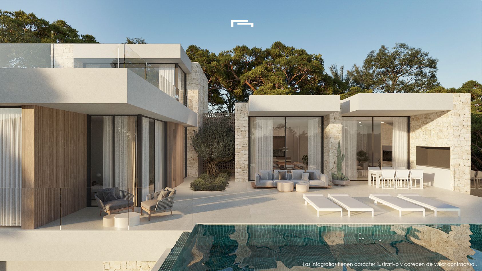 Moderne gevel met natuurstenen muren, een ruim terras met lounge-meubilair, buiten-eethoek en een zwembad met turquoise tegels te midden van mediterrane pijnbomen.