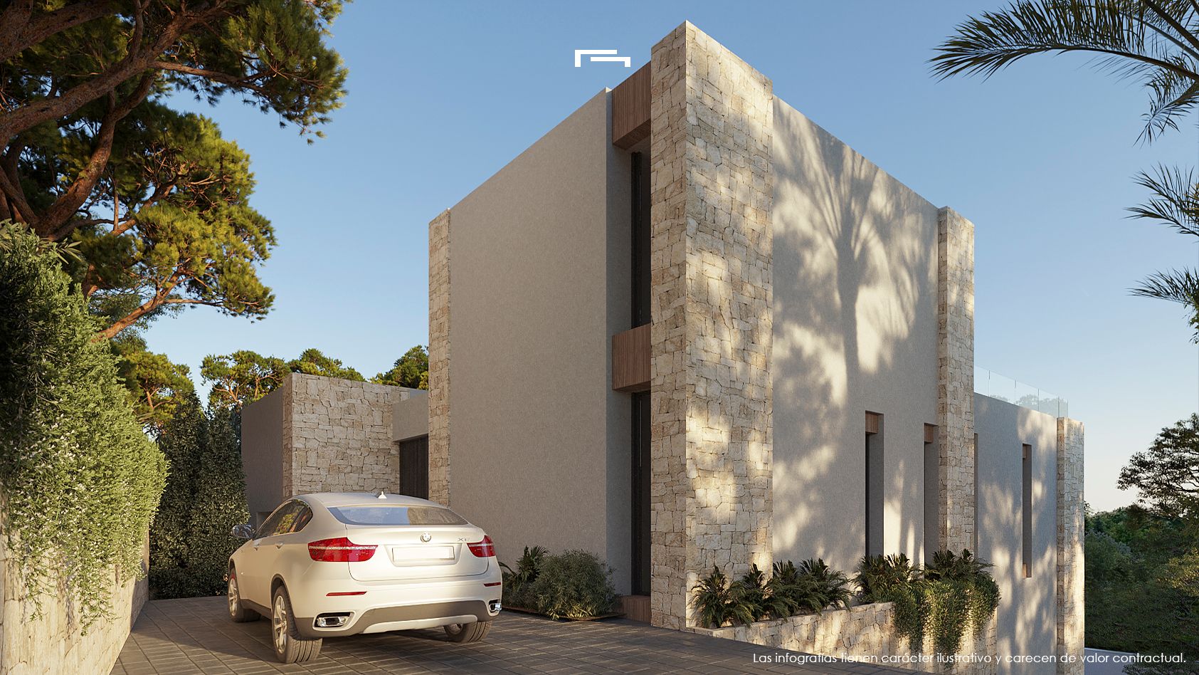 Moderne gevel met natuurstenen muren en glad pleisterwerk, met de oprit en mediterrane beplanting tegen een helderblauwe lucht.