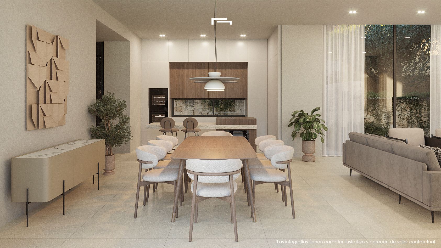 Open eetkamer en keuken met een houten tafel voor acht personen, design hanglamp en moderne kastenwand met natuurlijke hout- en steenaccenten.