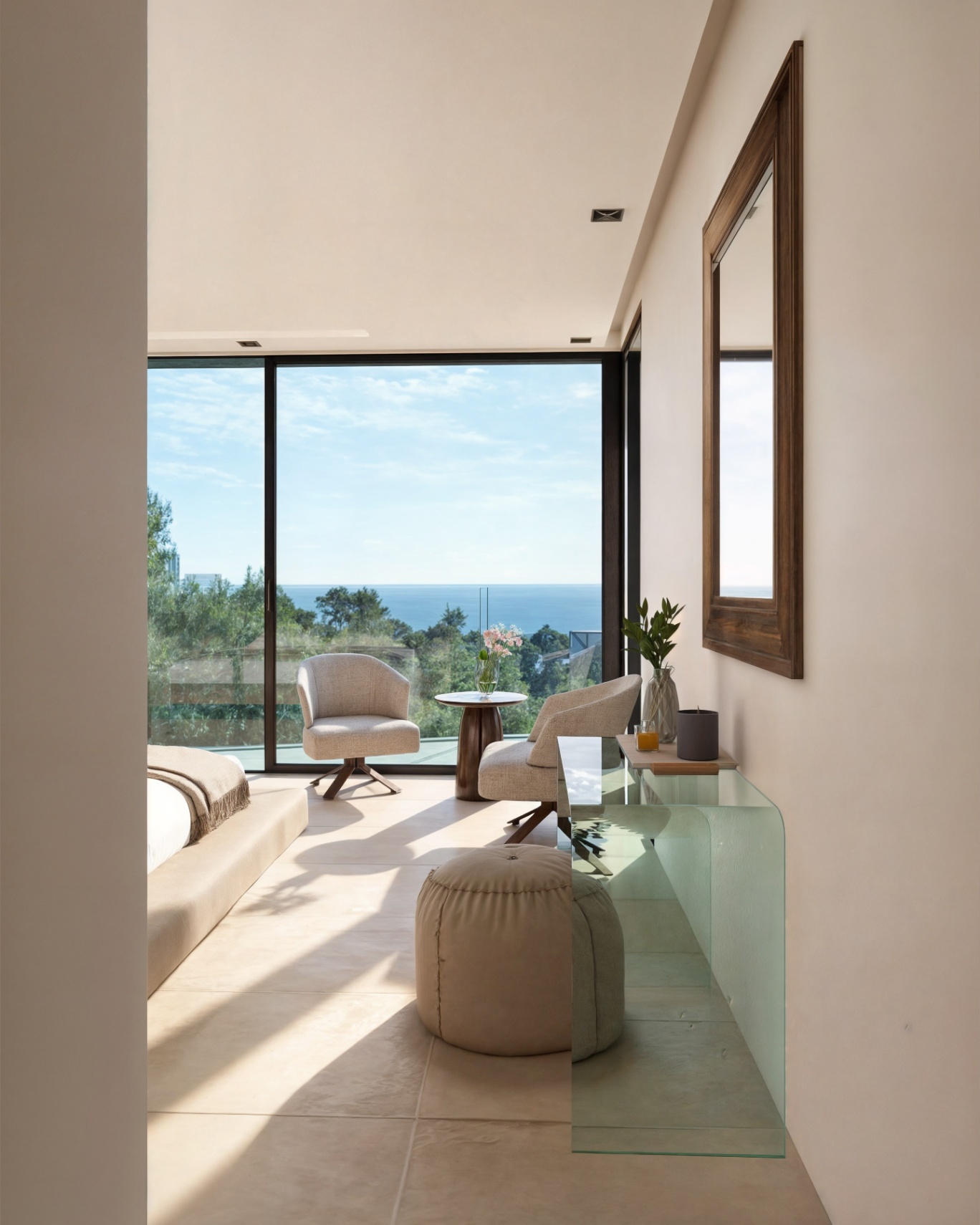 Hoofdslaapkamer met zithoek, kamerhoge glazen schuifdeuren met uitzicht op zee, een glazen console en neutrale tegelvloeren.