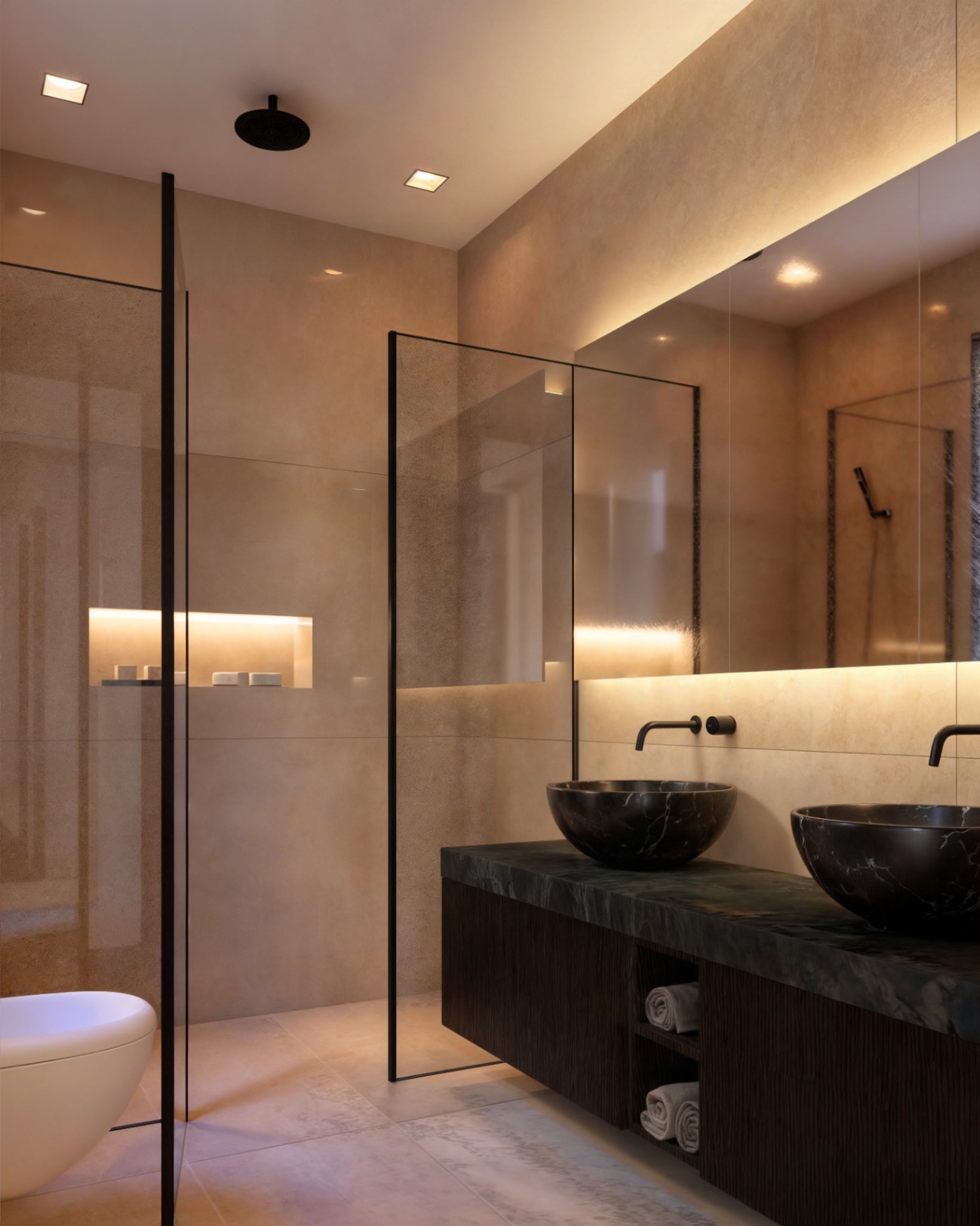 Moderne badkamer met dubbele waskommen van donker marmer, zwarte inbouwkranen, een grote verlichte spiegel en een inloopdouche met glazen wanden.