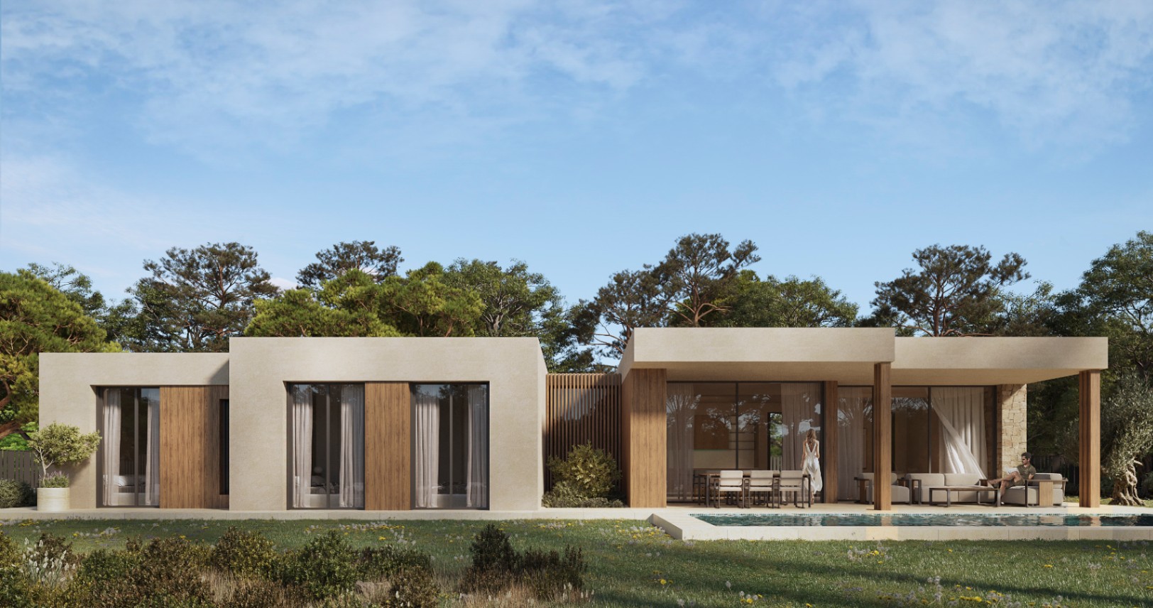 Buitenaanzicht van een eigentijdse villa met houten accenten, overdekt terras met loungehoek en grote raampartijen die uitkijken op het zwembad en de tuin.
