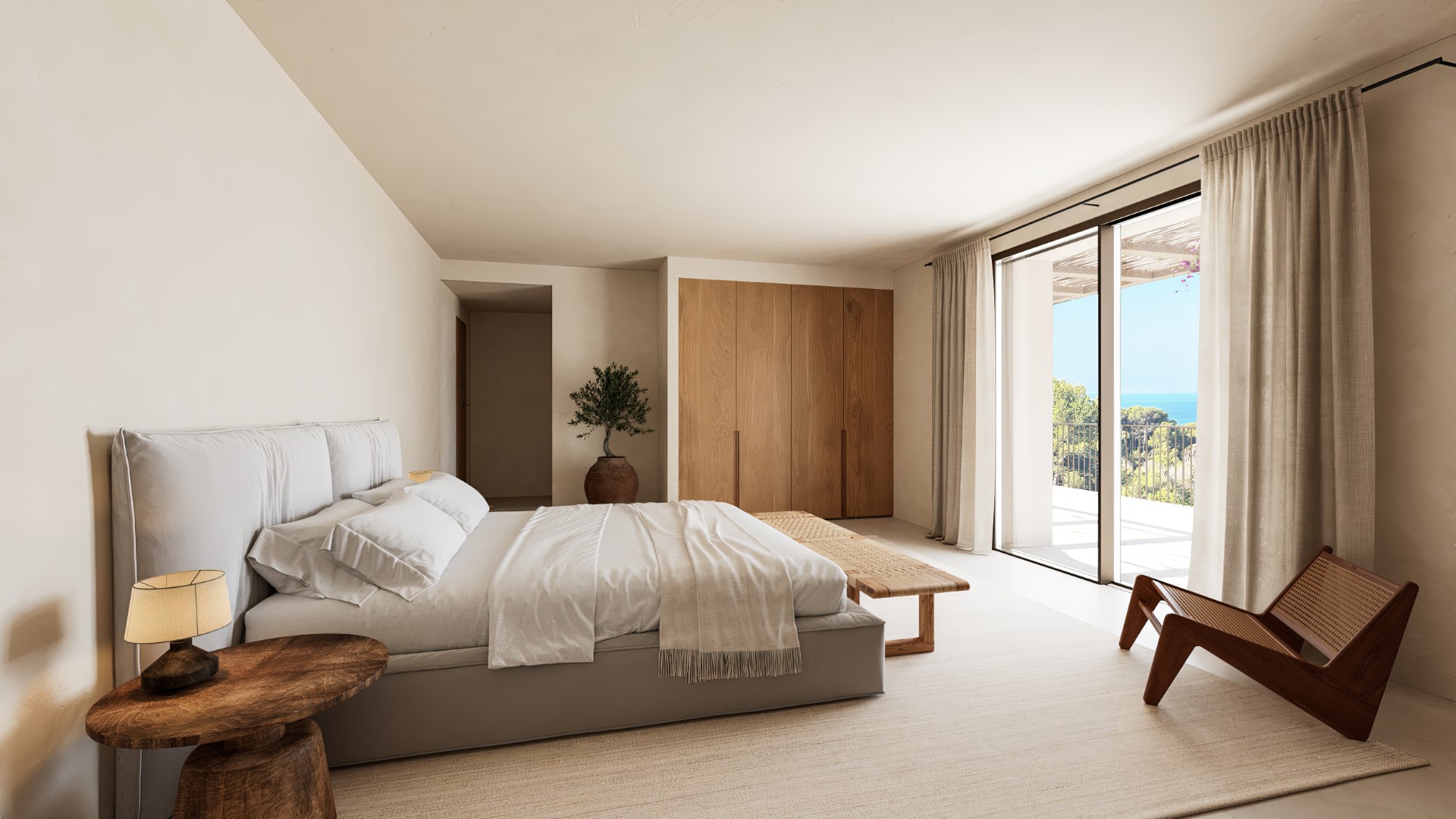 Hoofdslaapkamer met eikenhouten inbouwkasten, minimalistische houten meubels en glazen schuifdeuren die leiden naar het terras met zeezicht.