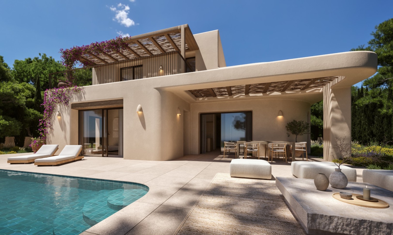 Mediterrane gevel in zandtinten met ruime terrassen onder houten pergola's, een geïntegreerd zwembad met zonneterras en een eethoek in de buitenlucht.