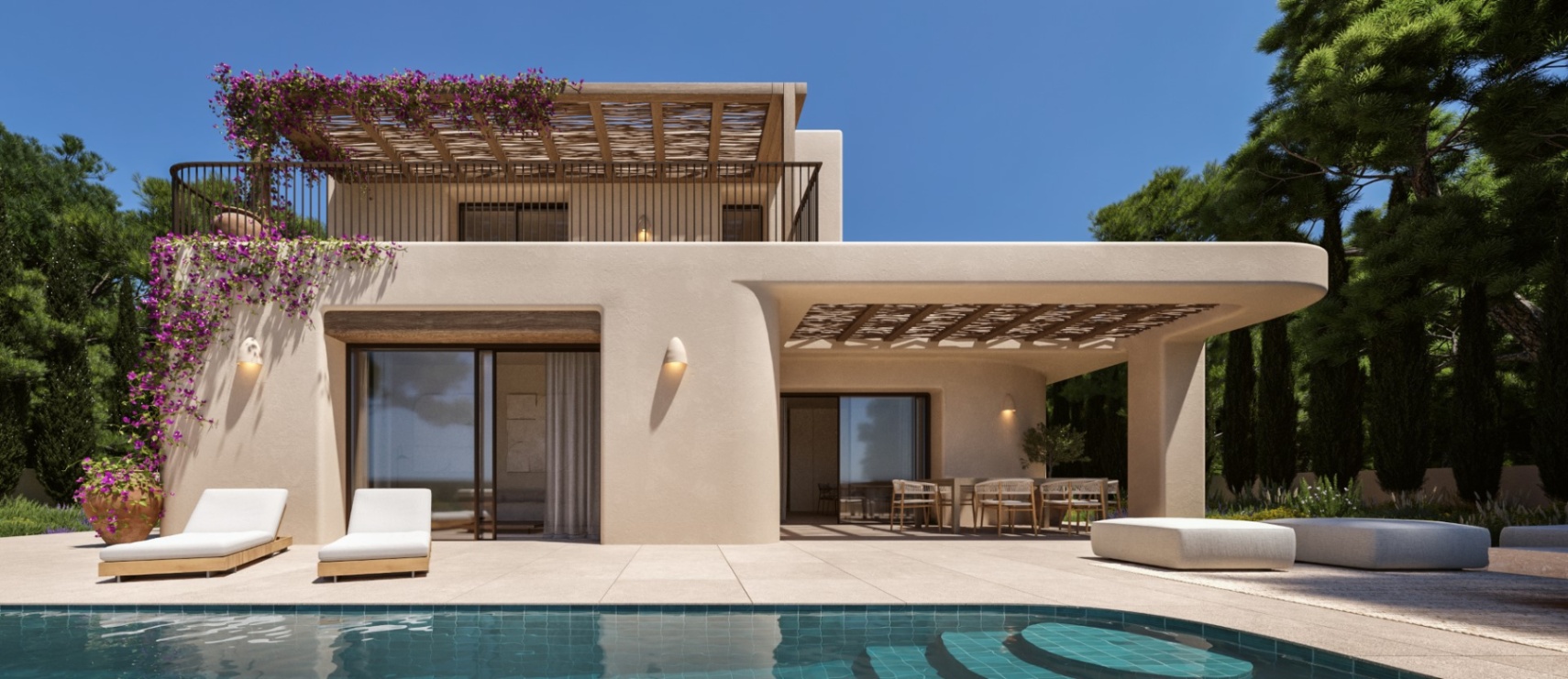 Mediterrane villa met zandkleurige muren, rieten pergola's, een turquoise betegeld zwembad en geïntegreerde terrassen omgeven door pijnbomen en bougainville.