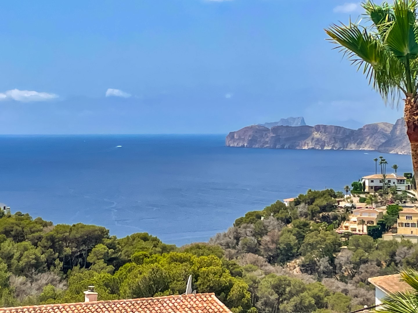 Panoramisch uitzicht op de Middellandse Zee en de kustkliffen, met dichte dennenbossen en traditionele terracotta daken in het landschap van Jávea.