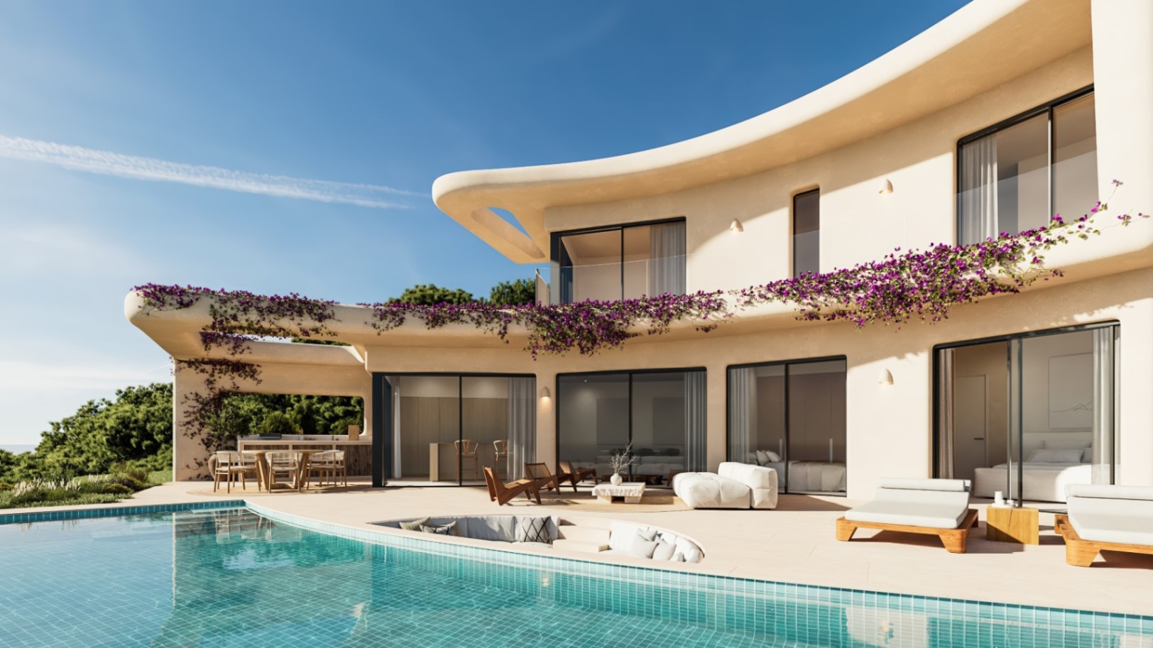 Gebogen gevel in Ibiza-stijl met turquoise zwembad, verzonken zithoek op het terras en balkons versierd met paarse bougainvillea.