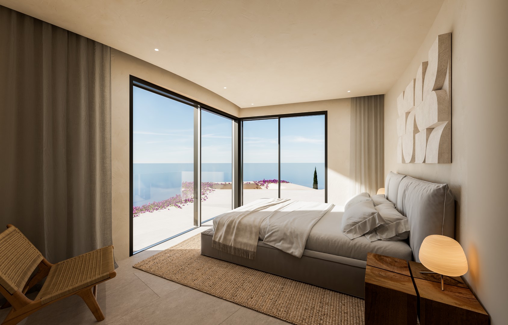 Hoofdslaapkamer met kamerhoge hoekramen met uitzicht op zee, directe toegang tot het terras en een minimalistisch ontwerp met natuurlijk hout en geweven texturen.